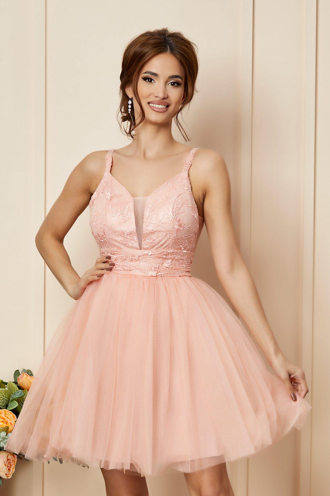 Ροζ Μίνι Αμπιγιέ Φόρεμα Με Δαντέλα Letty T2748 3