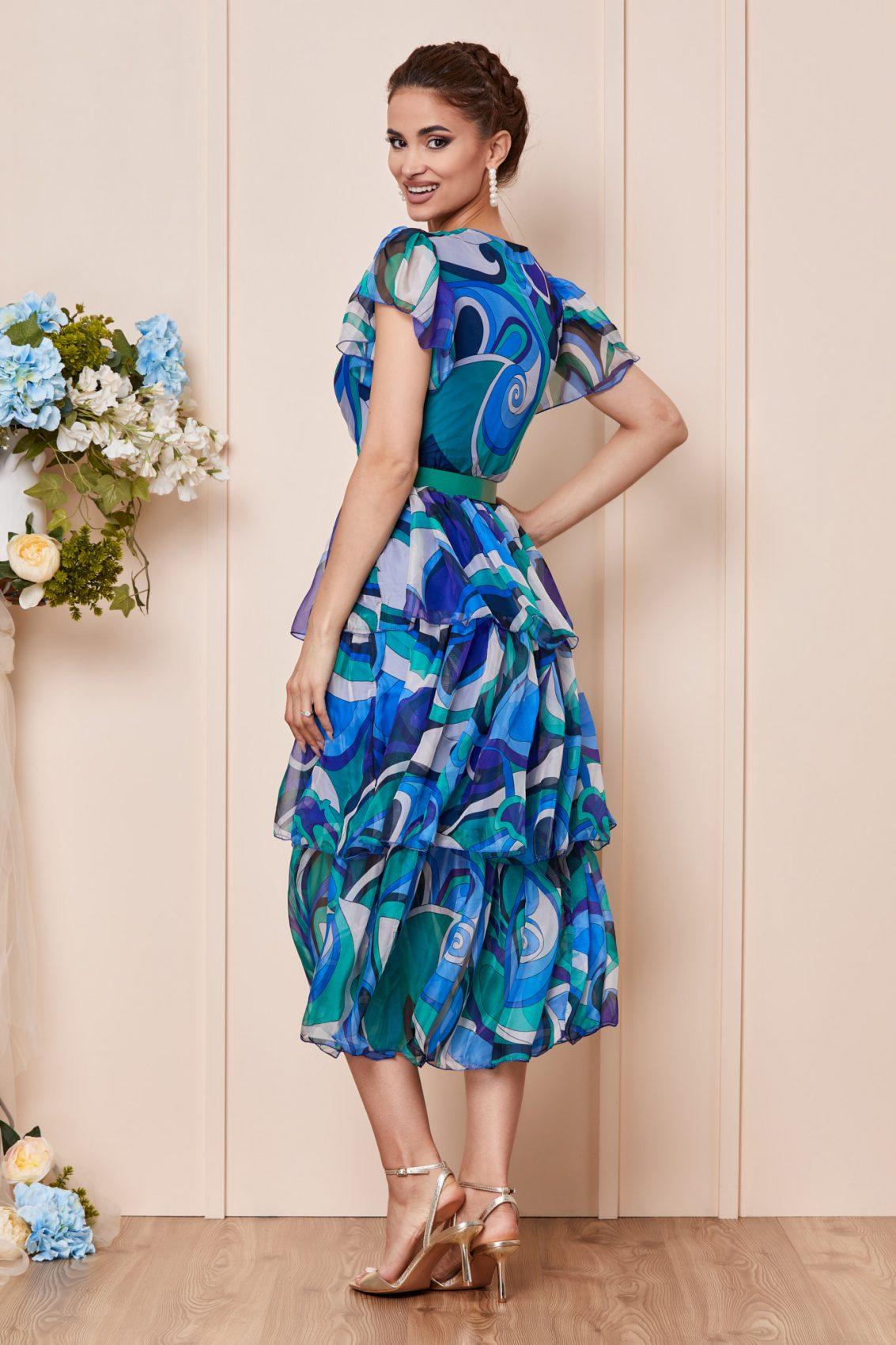 Μπλε Εμπριμέ Φόρεμα Με Βολάν Ariella T2883 2