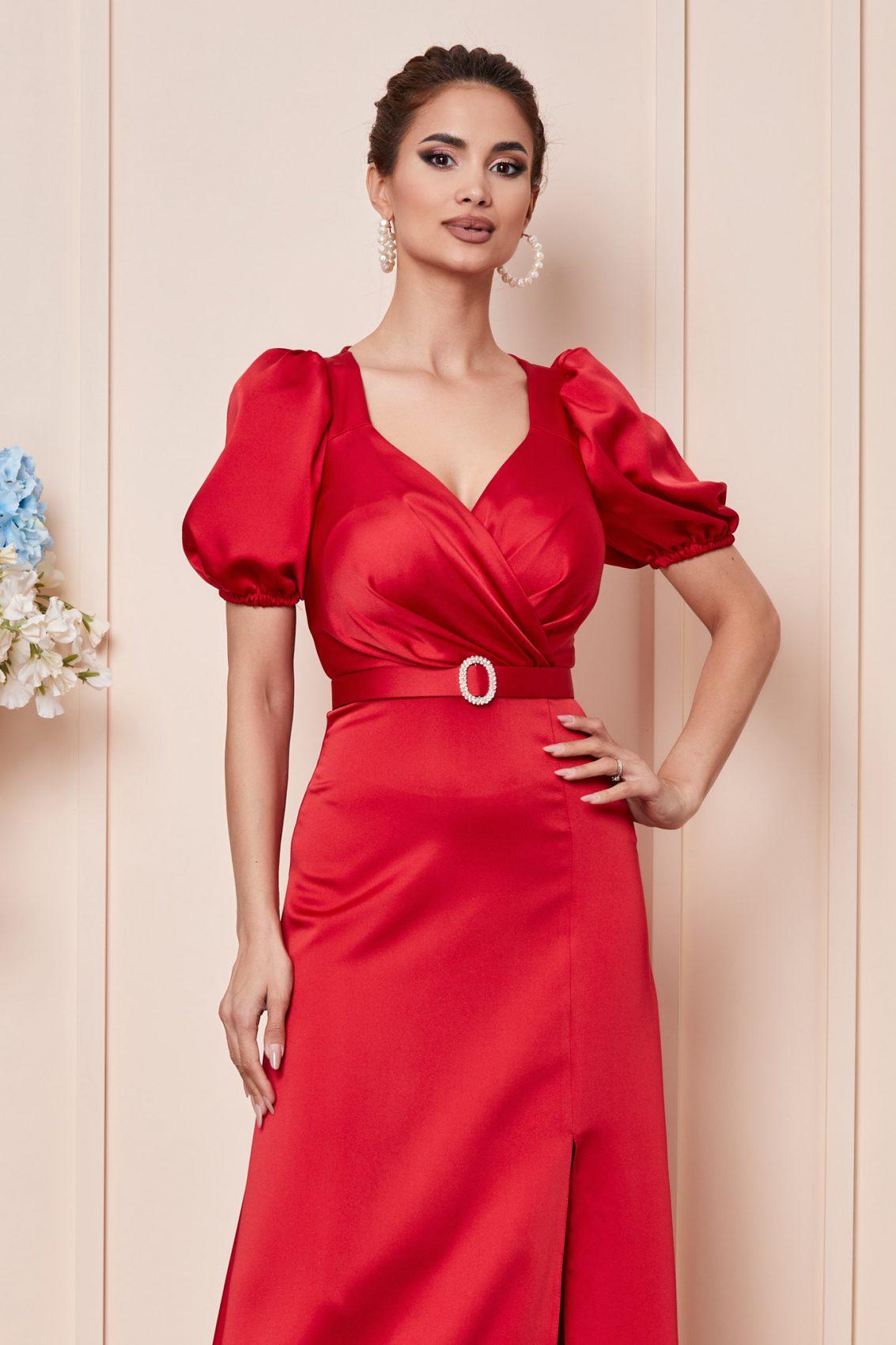 Κόκκινο Μάξι Σατέν Αμπιγιέ Φόρεμα Genoveva T2868 3