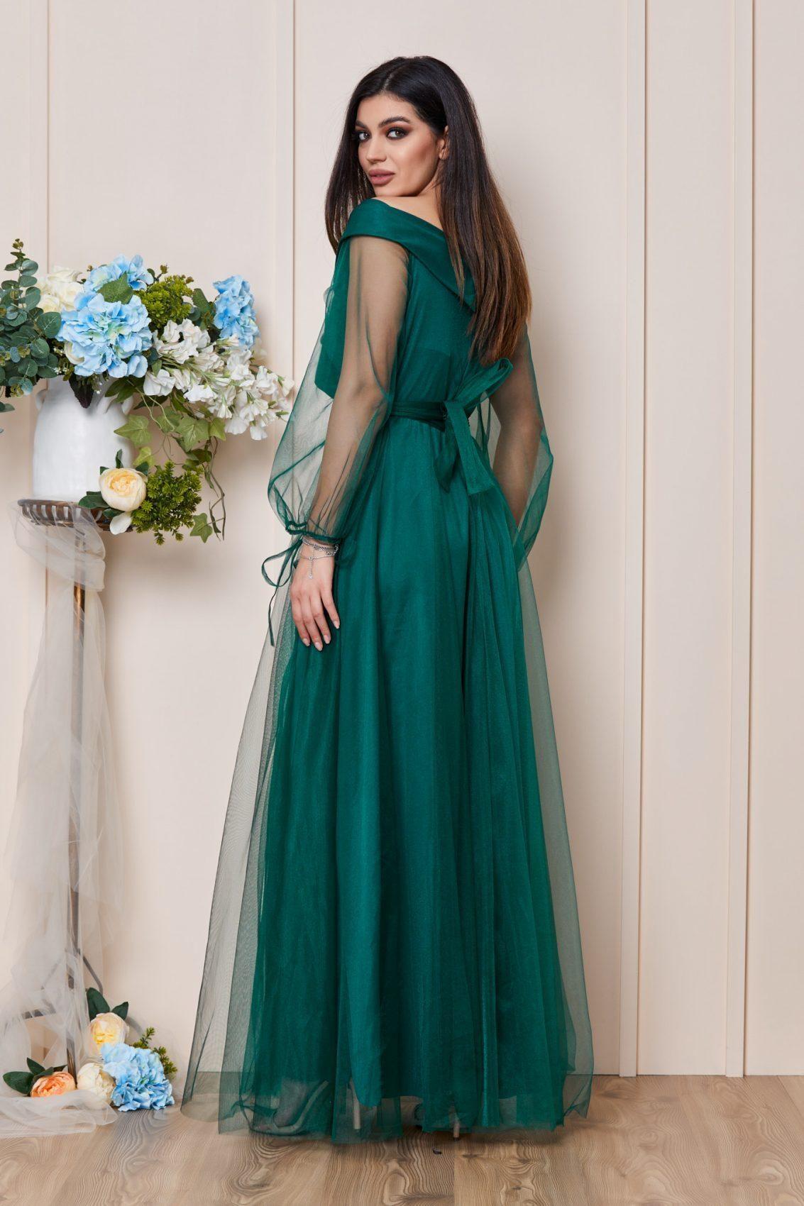 Πράσινο Μάξι Βραδινό Φόρεμα Με Τούλι Hermosa T2965 2