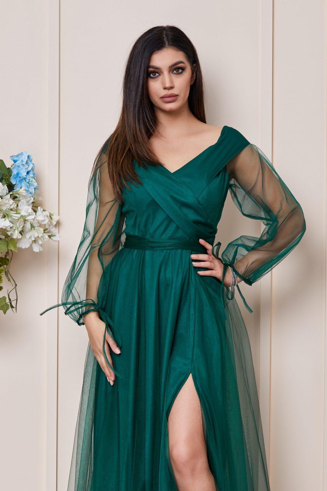 Πράσινο Μάξι Βραδινό Φόρεμα Με Τούλι Hermosa T2965 3
