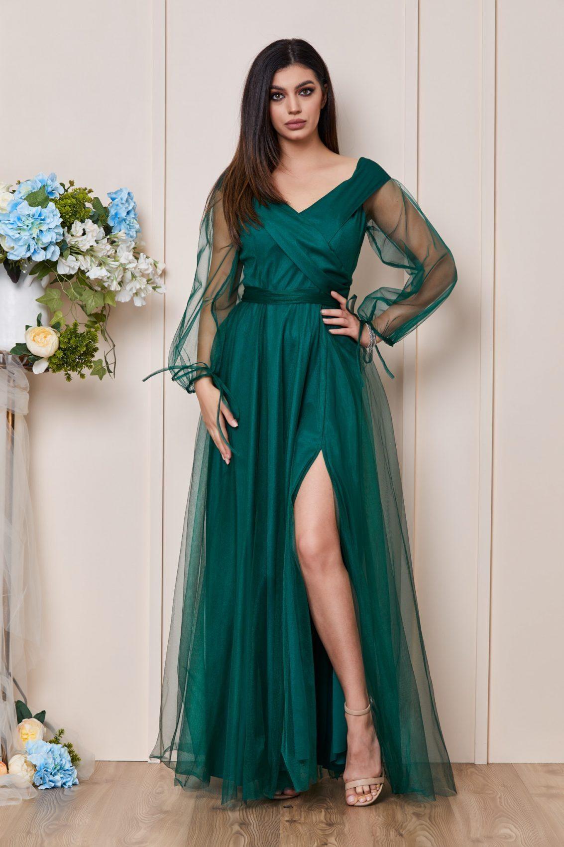 Πράσινο Μάξι Βραδινό Φόρεμα Με Τούλι Hermosa T2965 1