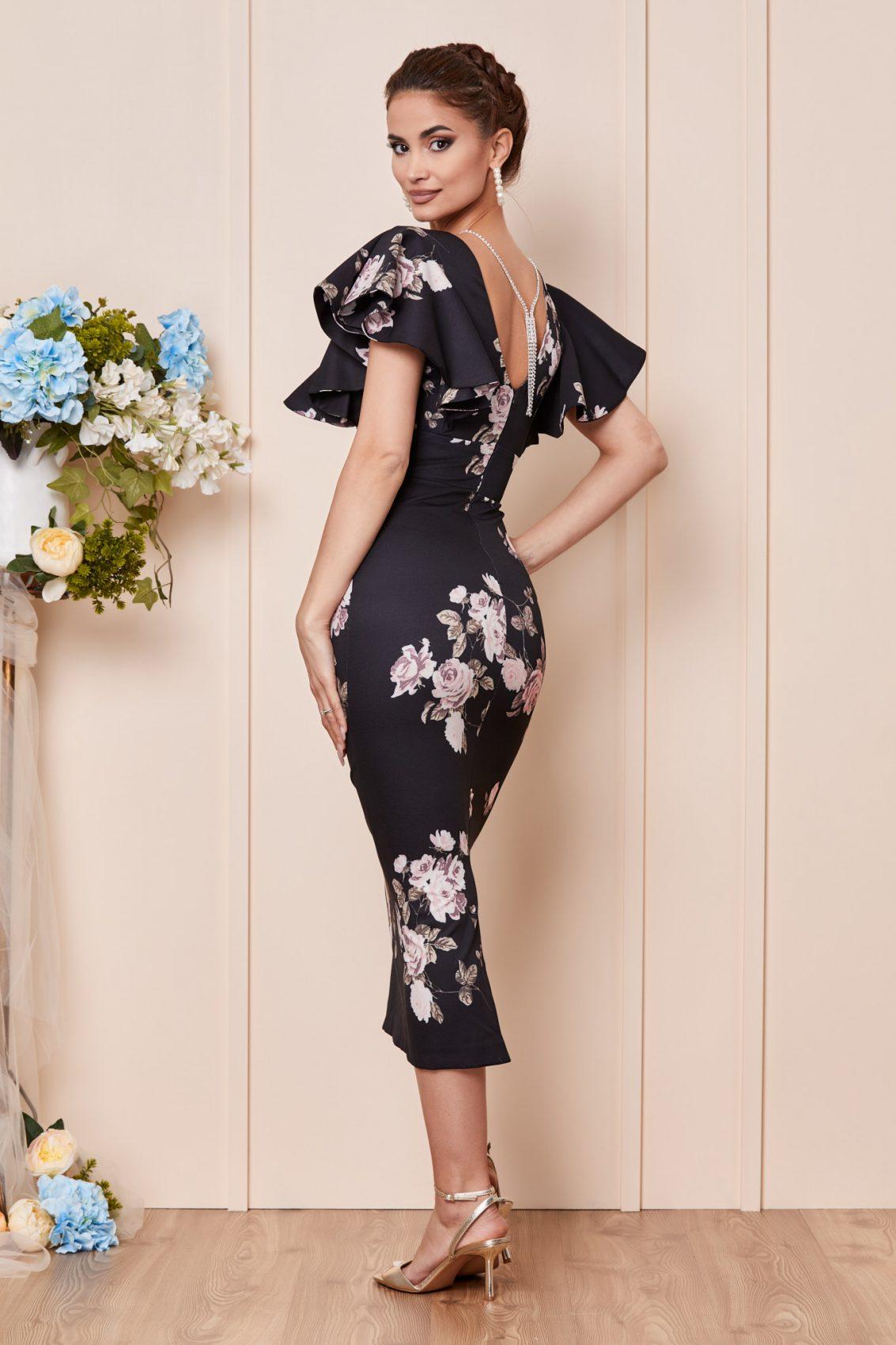 Μαύρο Φλοράλ Μίντι Πένσιλ Βραδινό Φόρεμα Kasia T2863 2