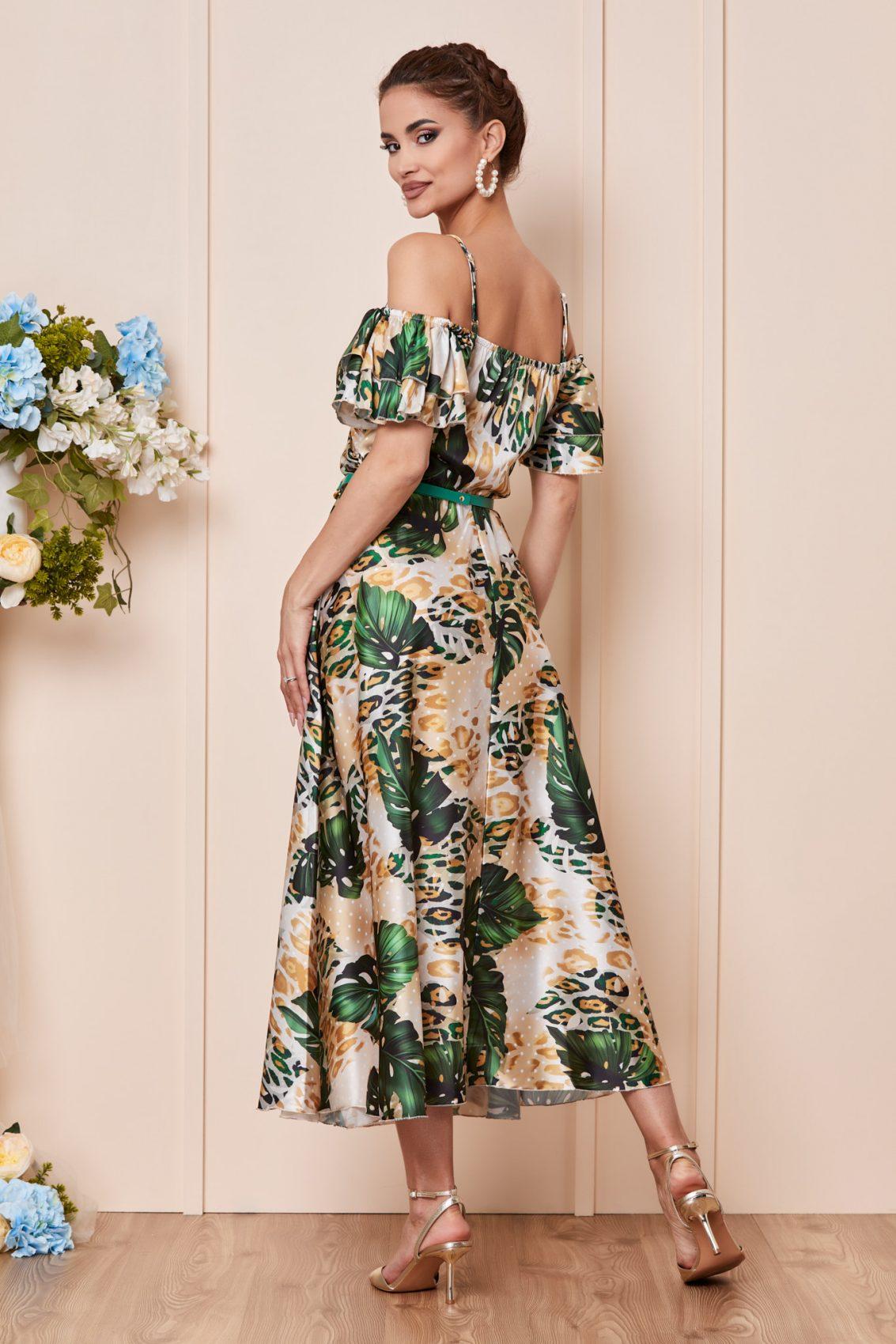 Πράσινο Εμπριμέ Μίντι Σατέν Βραδινό Φόρεμα Ignis T2841 2