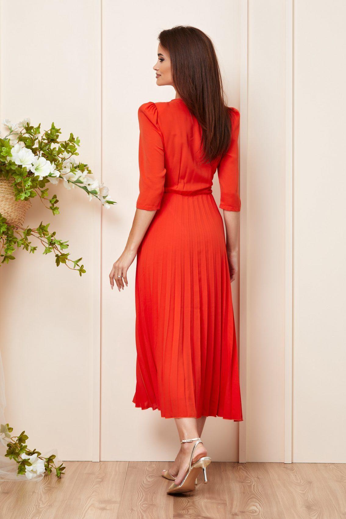 Πορτοκαλί Μίντι Βραδινό Πλισέ Φόρεμα Paola T3146 2