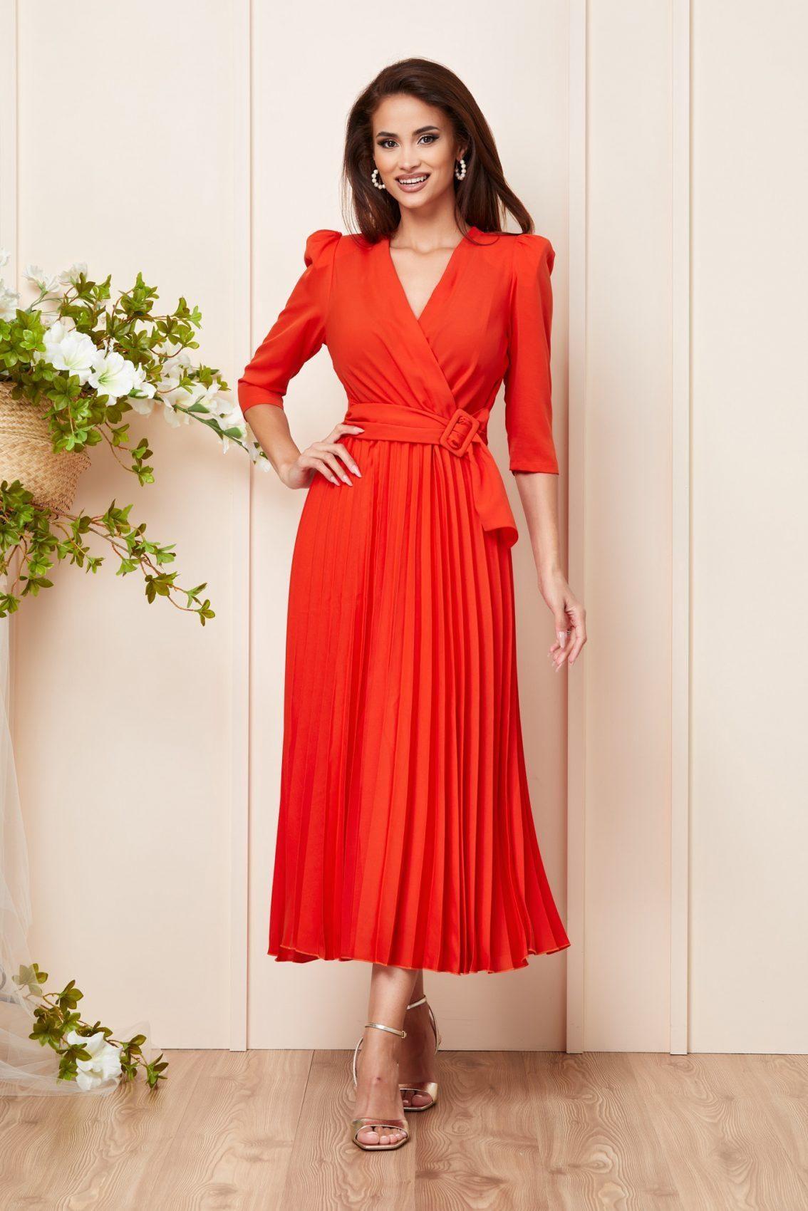 Πορτοκαλί Μίντι Βραδινό Πλισέ Φόρεμα Paola T3146 1