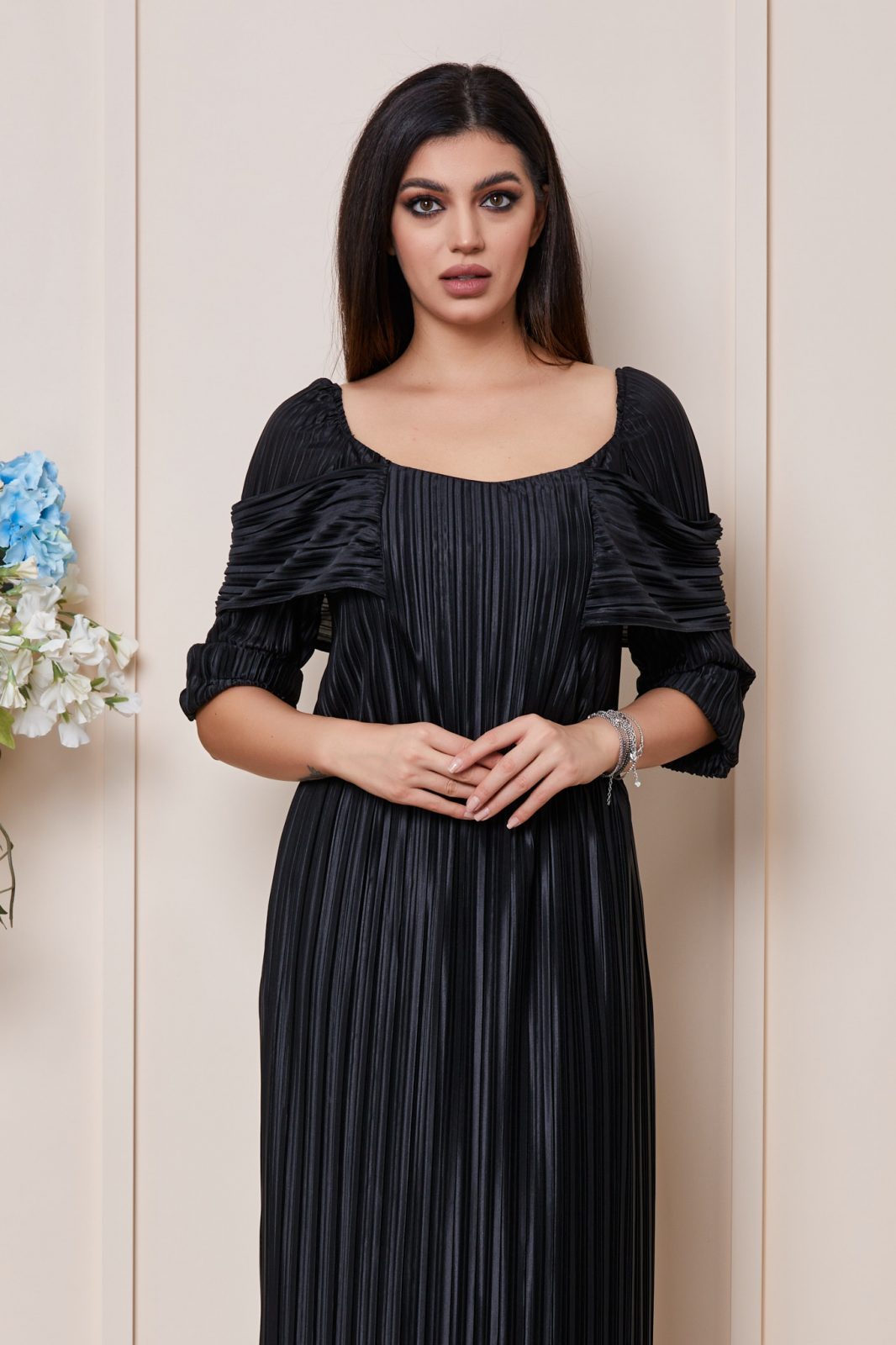 Μαύρο Μάξι Βραδινό Πλισέ Φόρεμα Azorya T3051 3