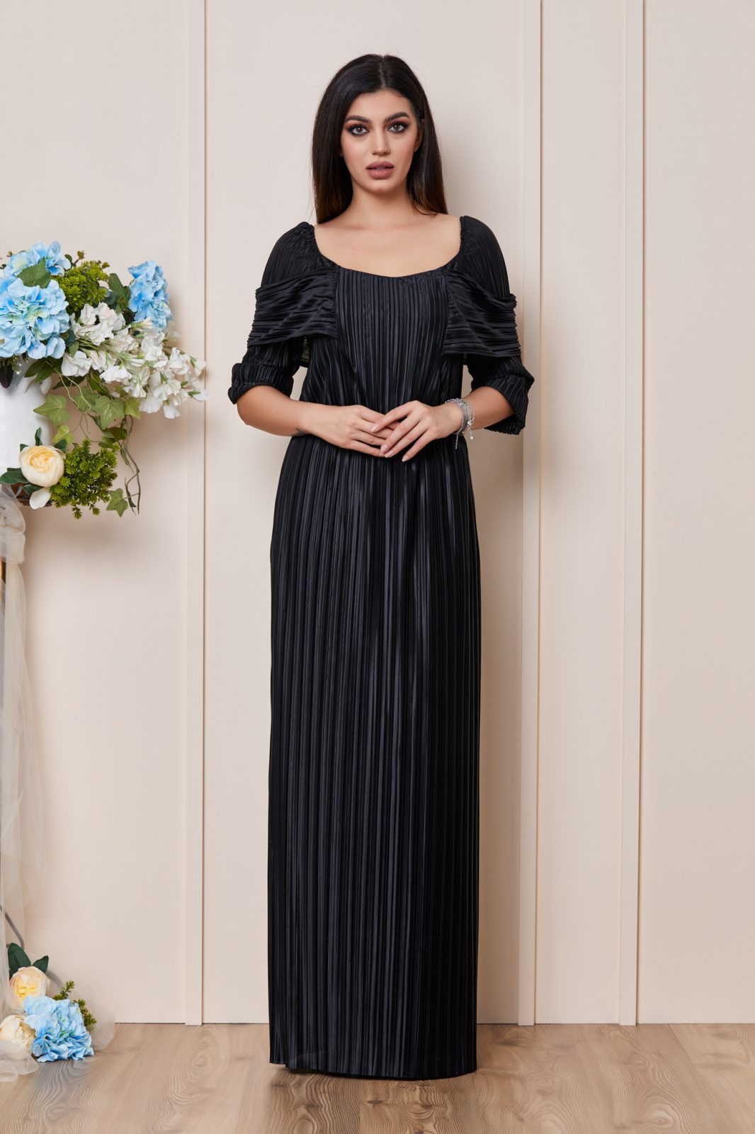 Μαύρο Μάξι Βραδινό Πλισέ Φόρεμα Azorya T3051 1