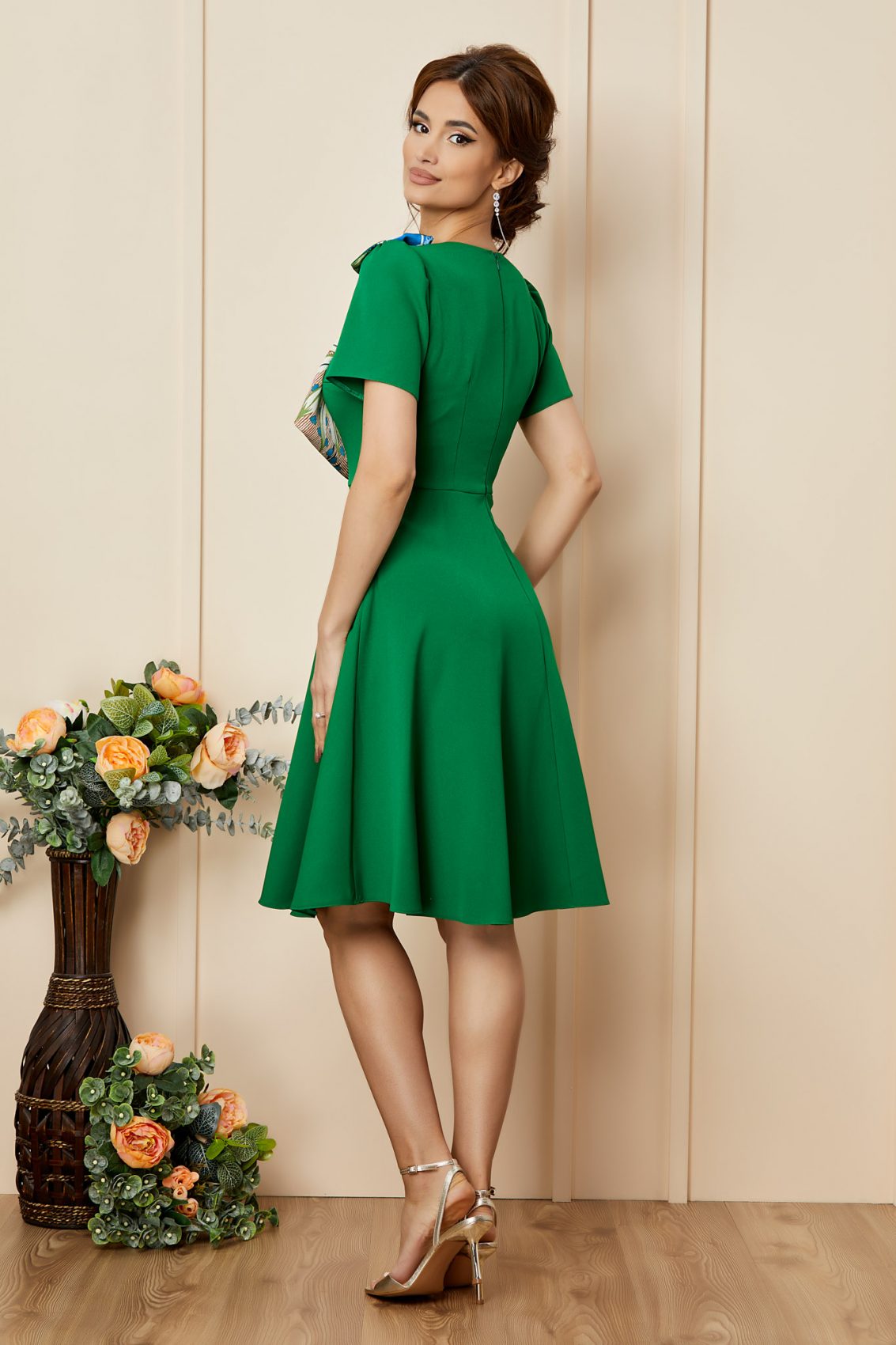 Πράσινο Μίντι Κοντομάνικο Φόρεμα Ellie T2698 2