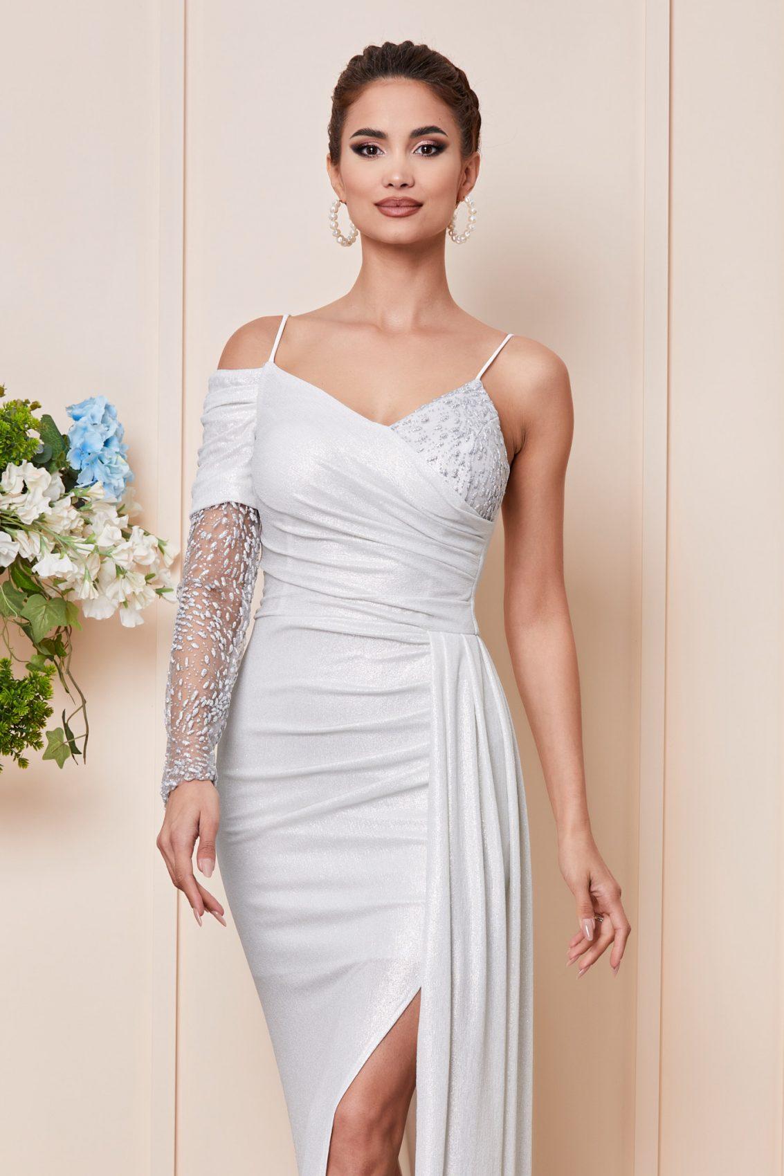 Λευκό Μάξι Αμπιγιέ Φόρεμα Με Ένα Μανίκι Gracefull T2849 3