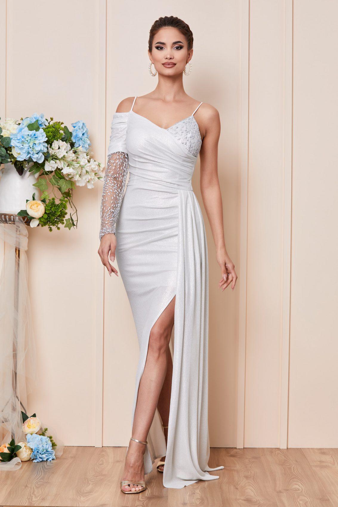 Λευκό Μάξι Αμπιγιέ Φόρεμα Με Ένα Μανίκι Gracefull T2849 1