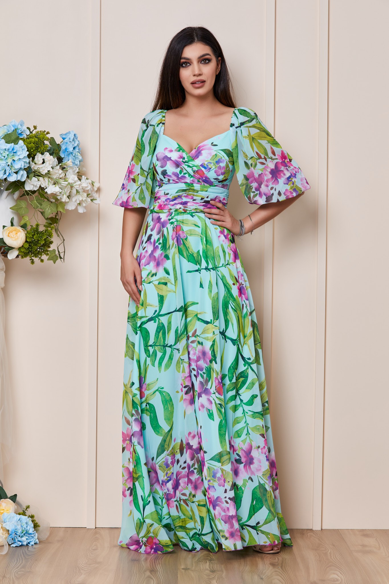 Τυρκουάζ Φλοράλ Βραδινό Φόρεμα Από Μουσελίνα Priscilla T3020 1