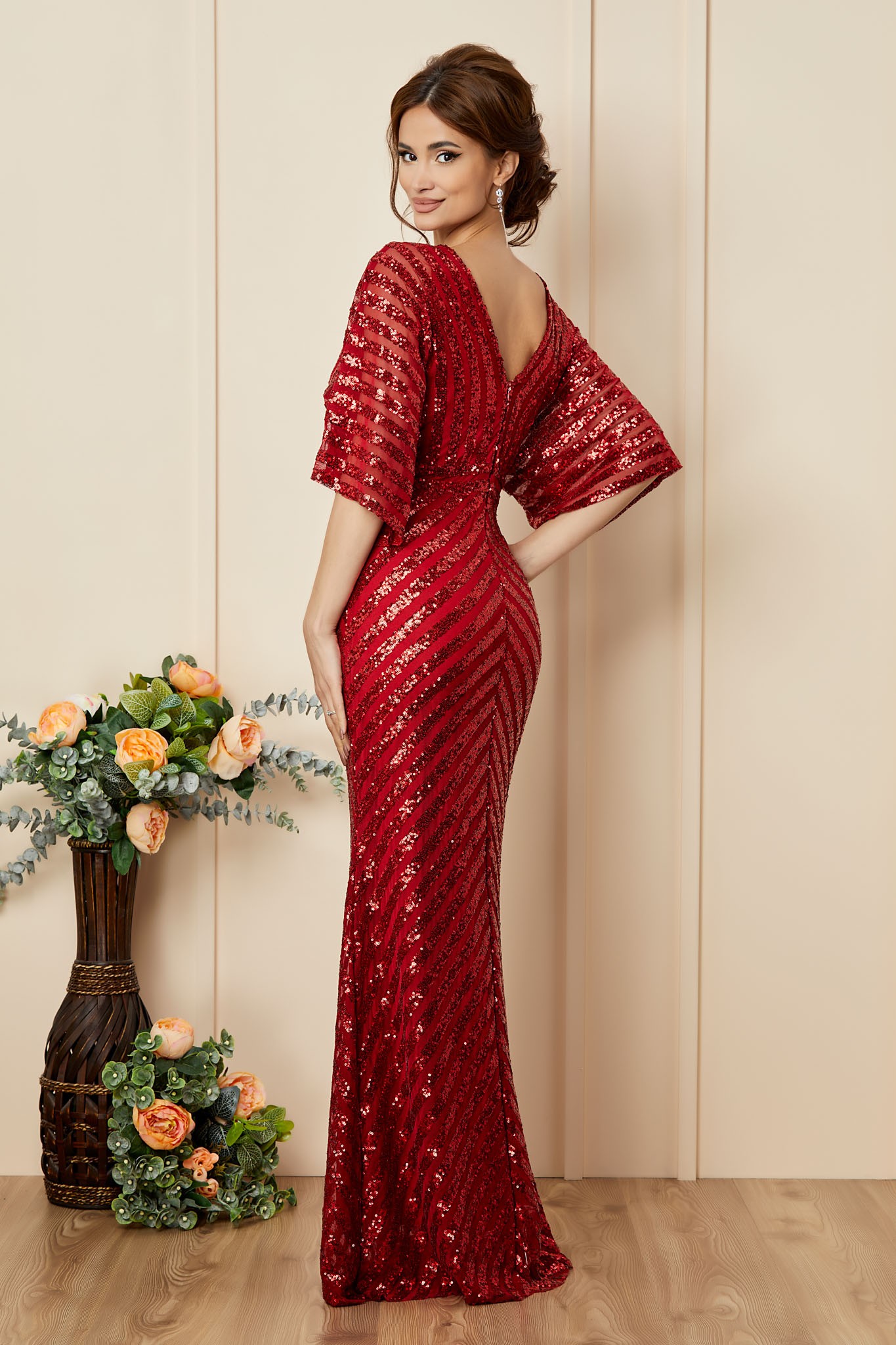 Κόκκινο Μάξι Αμπιγιέ Γοργονέ Φόρεμα Με Πούλιες Imperial T2781 2