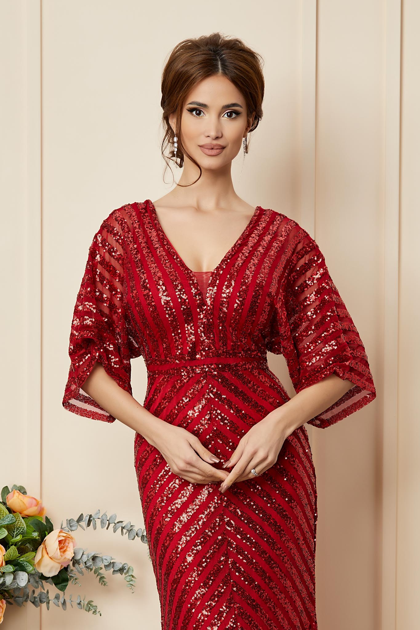 Κόκκινο Μάξι Αμπιγιέ Γοργονέ Φόρεμα Με Πούλιες Imperial T2781 3