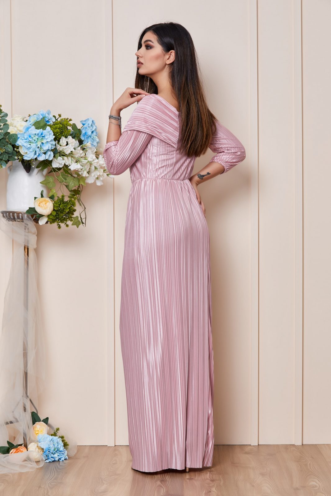 Ροζ Μάξι Βραδινό Πλισέ Φόρεμα Azorya T3052 2