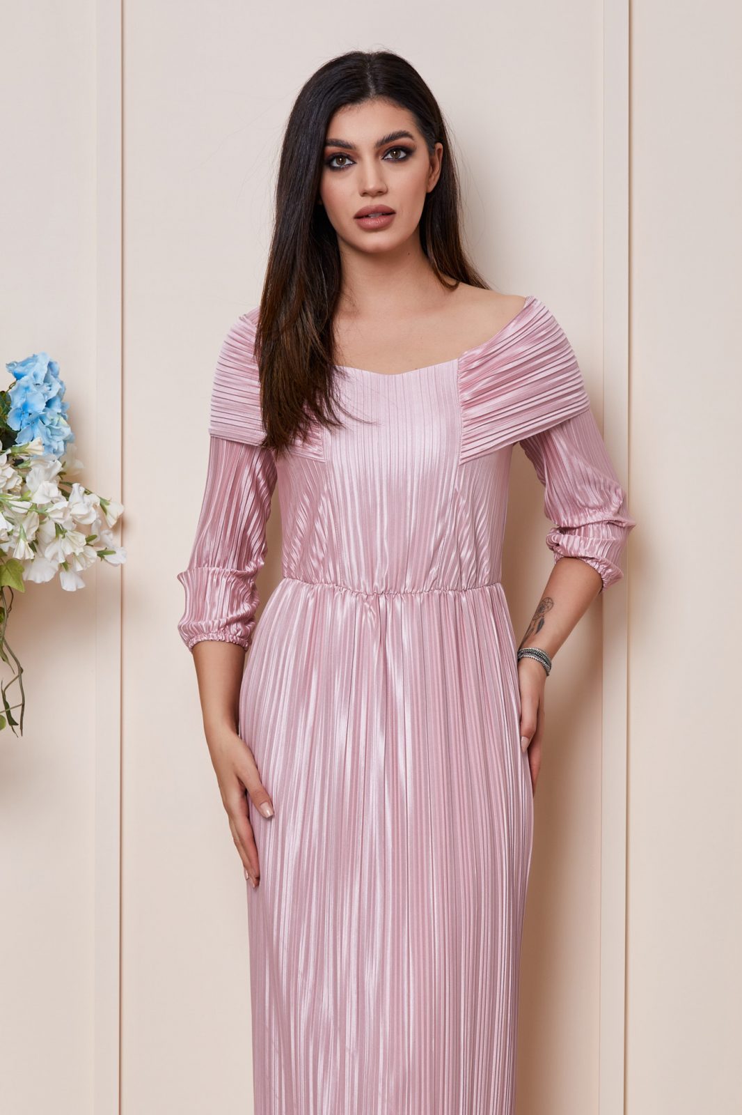 Ροζ Μάξι Βραδινό Πλισέ Φόρεμα Azorya T3052 3