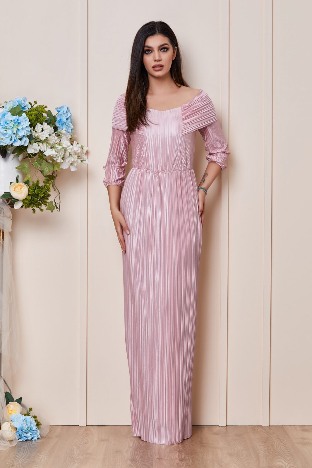 Ροζ Μάξι Βραδινό Πλισέ Φόρεμα Azorya T3052 1