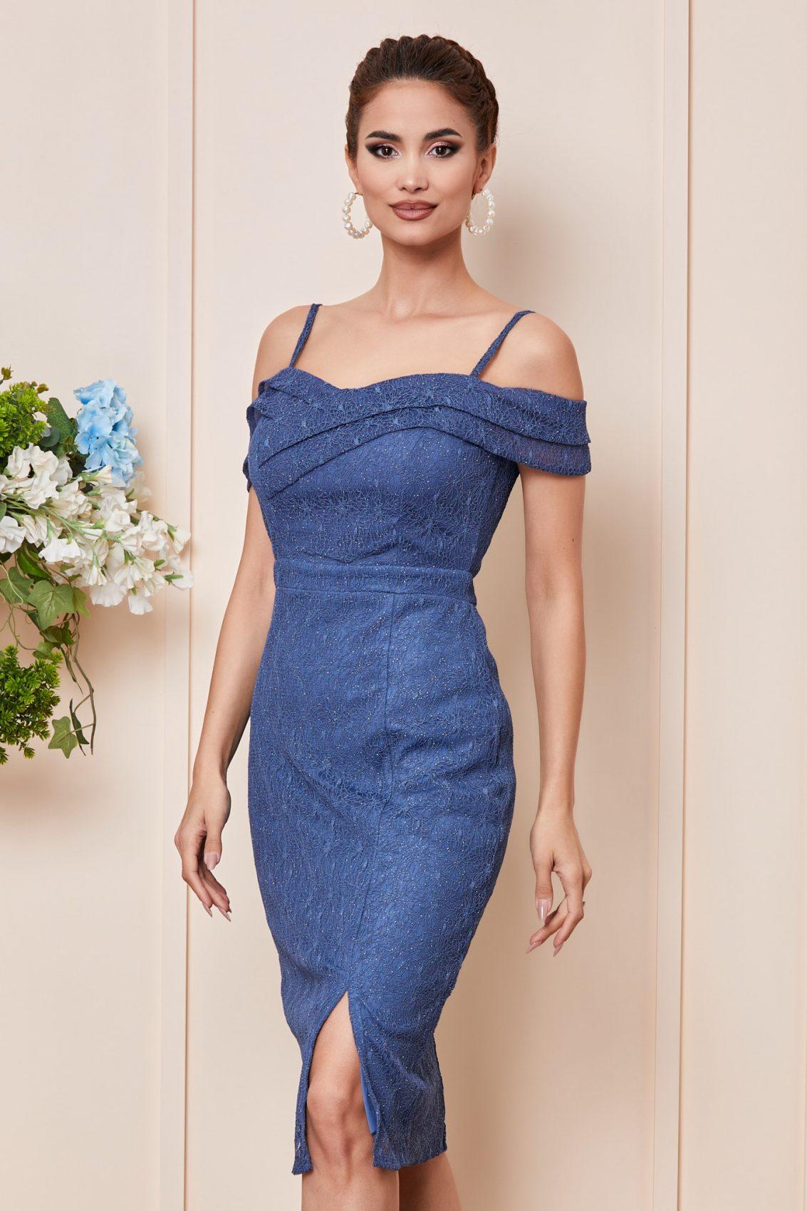Μπλε Ινδικό Μίντι Βραδινό Φόρεμα Από Δαντέλα Nathalie T2838 1