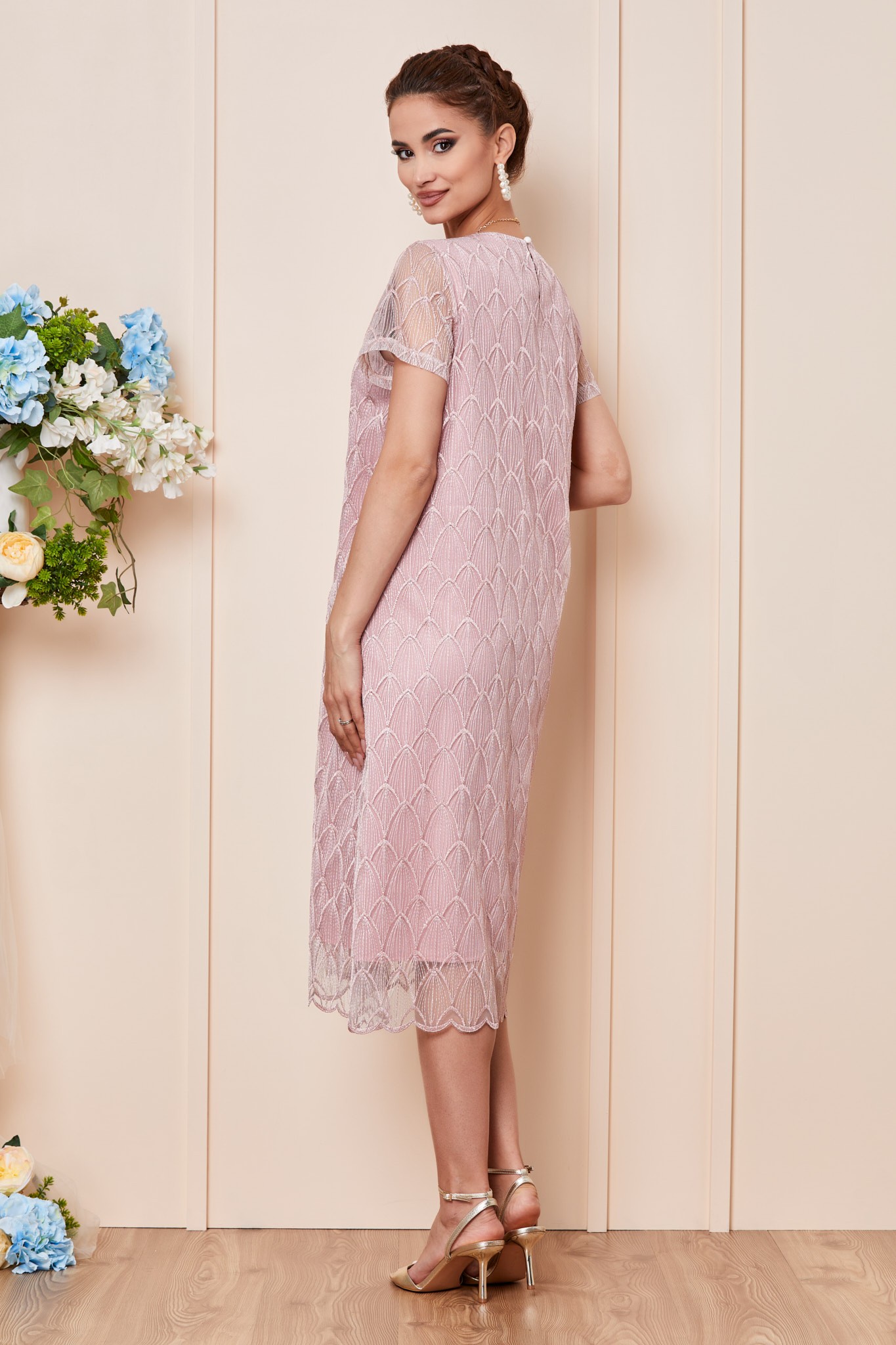 Ροζ Βραδινό Φόρεμα Με Κολιέ Olenia T2926 2