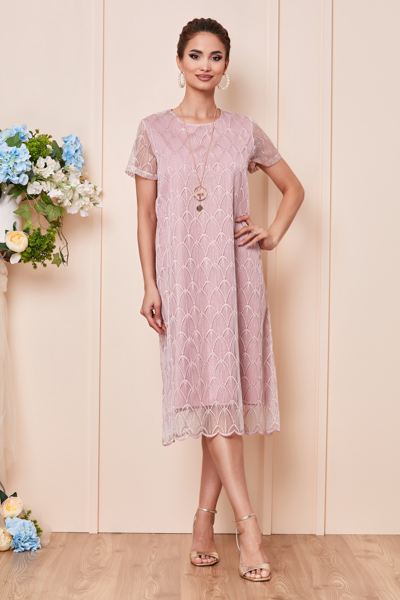 Ροζ Βραδινό Φόρεμα Με Κολιέ Olenia T2926 1