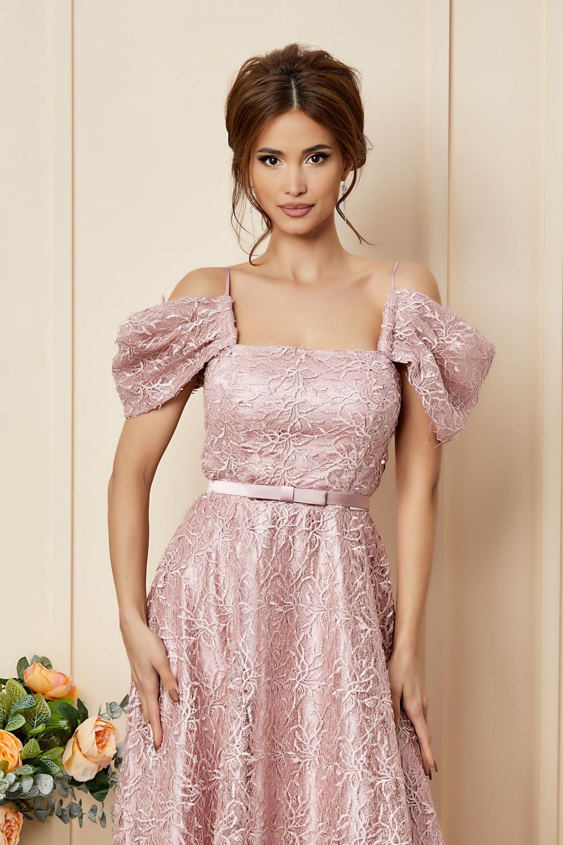 Ροζ Μίντι Αμπιγιέ Φόρεμα Από Δαντέλα Marion T2734 3