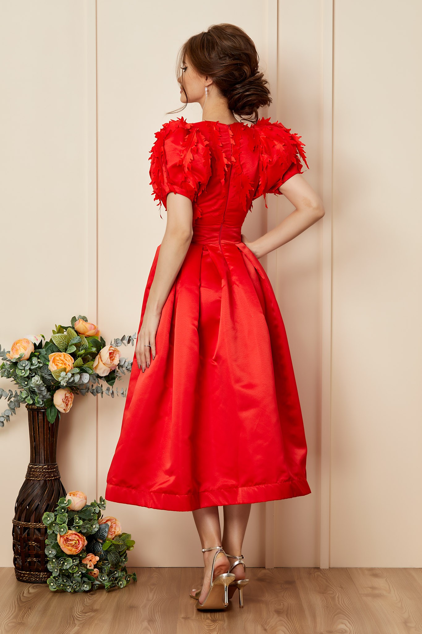 Κόκκινο Μίντι Αμπιγιέ Σατέν Φόρεμα Luxury T2797 2