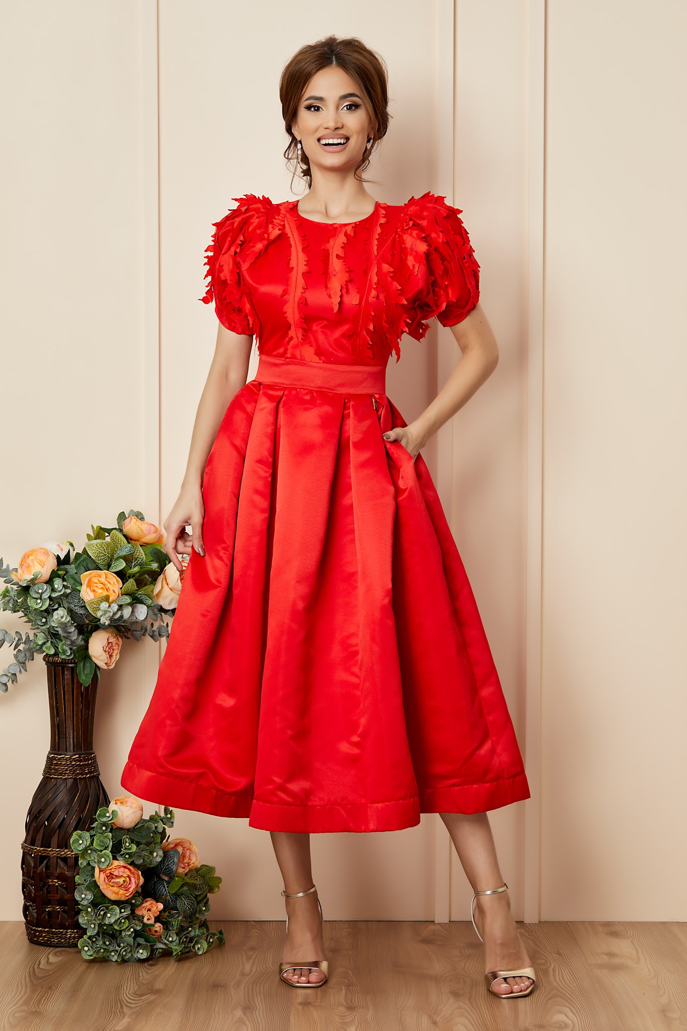 Κόκκινο Μίντι Αμπιγιέ Σατέν Φόρεμα Luxury T2797 1