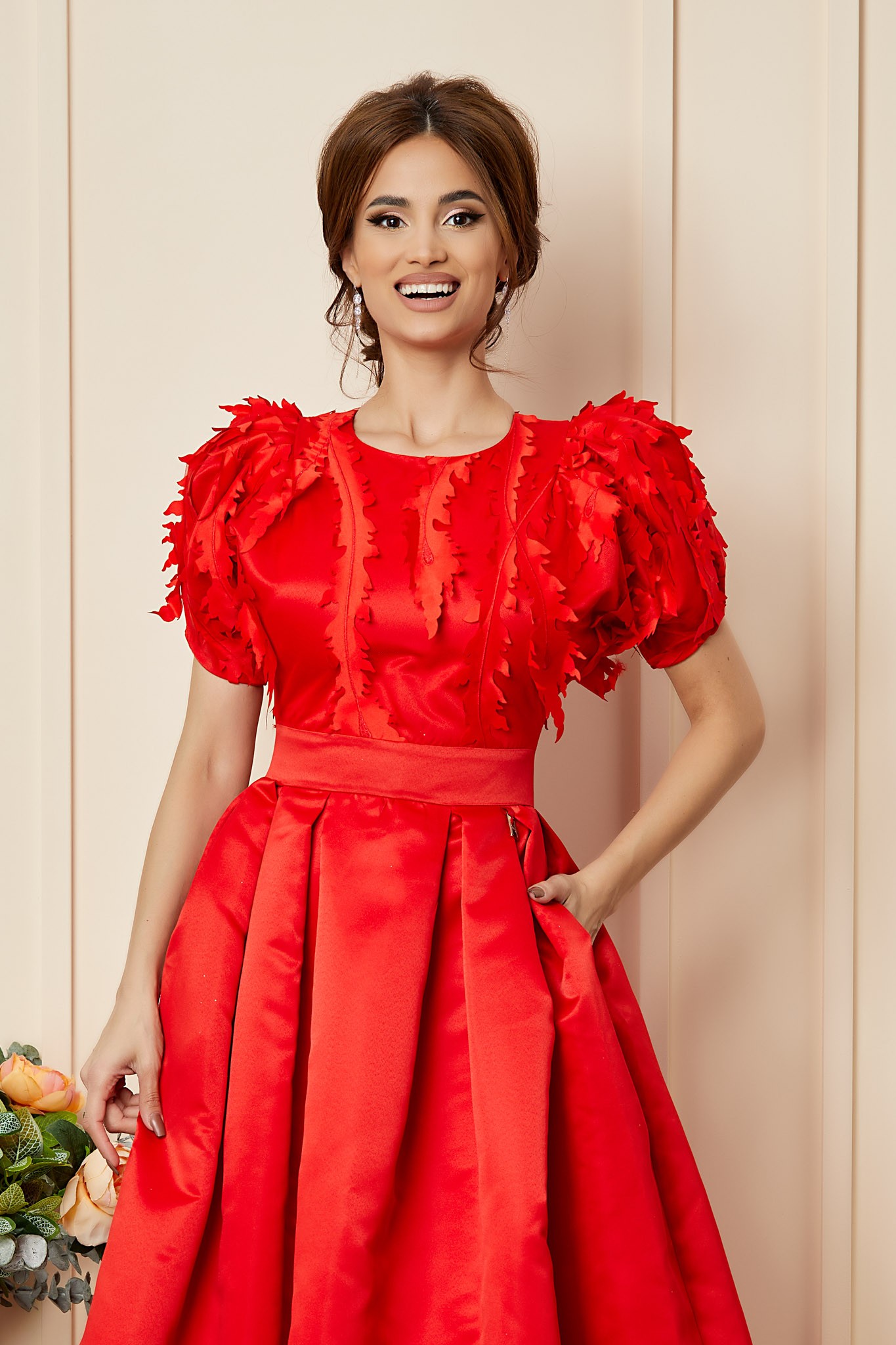 Κόκκινο Μίντι Αμπιγιέ Σατέν Φόρεμα Luxury T2797 3