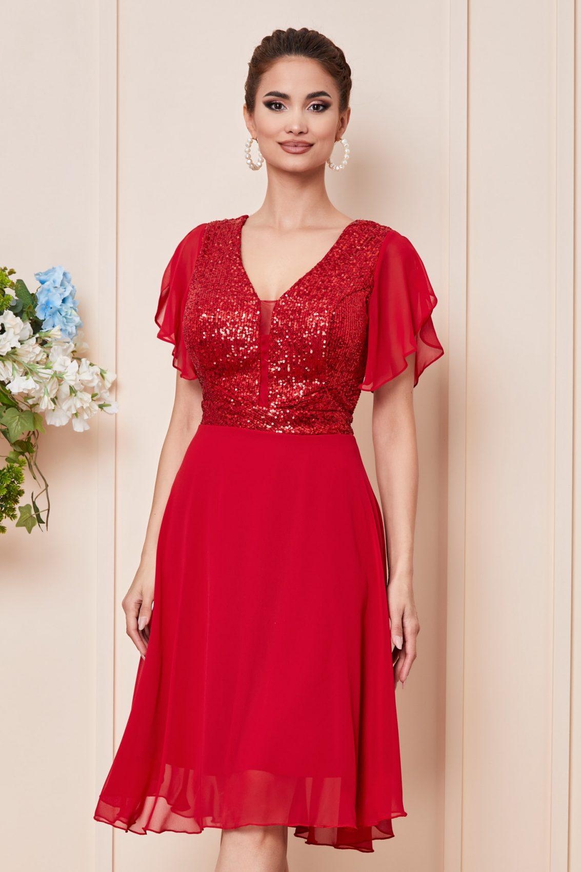 Κόκκινο Μίντι Αμπιγιέ Φόρεμα Με Πούλιες Viona T2807 3