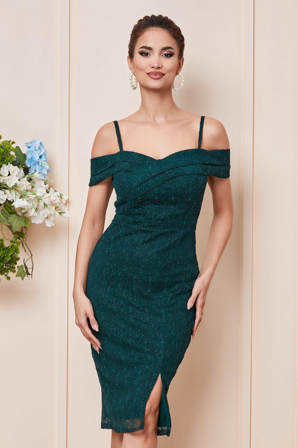 Πράσινο Μίντι Βραδινό Φόρεμα Από Δαντέλα Nathalie T2836 1