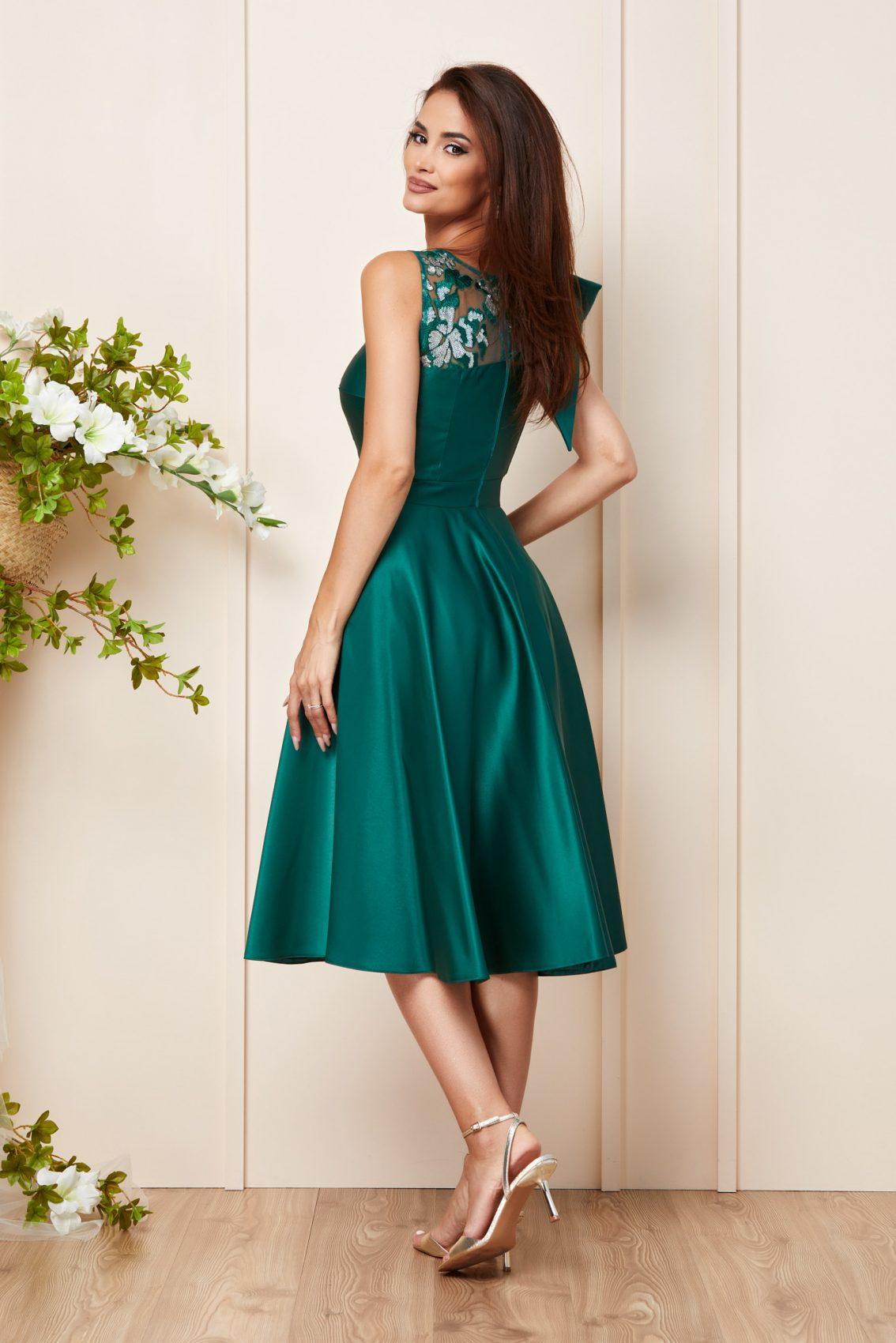 Πράσινο Μίντι Σατέν Βραδινό Φόρεμα Eugenie T3110 2