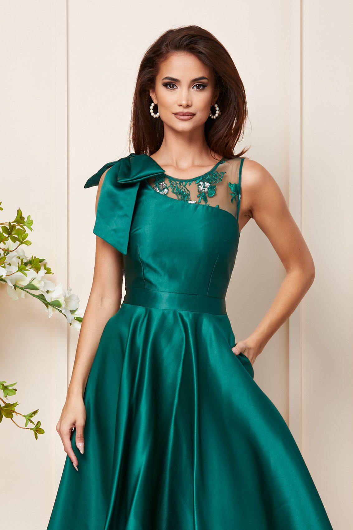 Πράσινο Μίντι Σατέν Βραδινό Φόρεμα Eugenie T3110 3