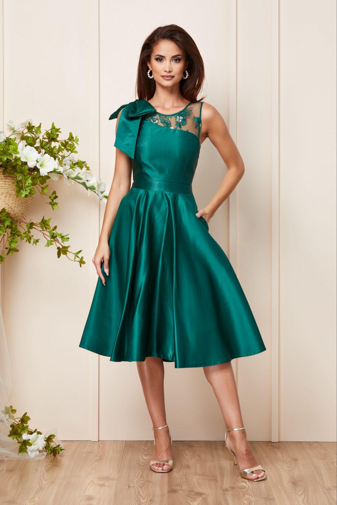 Πράσινο Μίντι Σατέν Βραδινό Φόρεμα Eugenie T3110 1