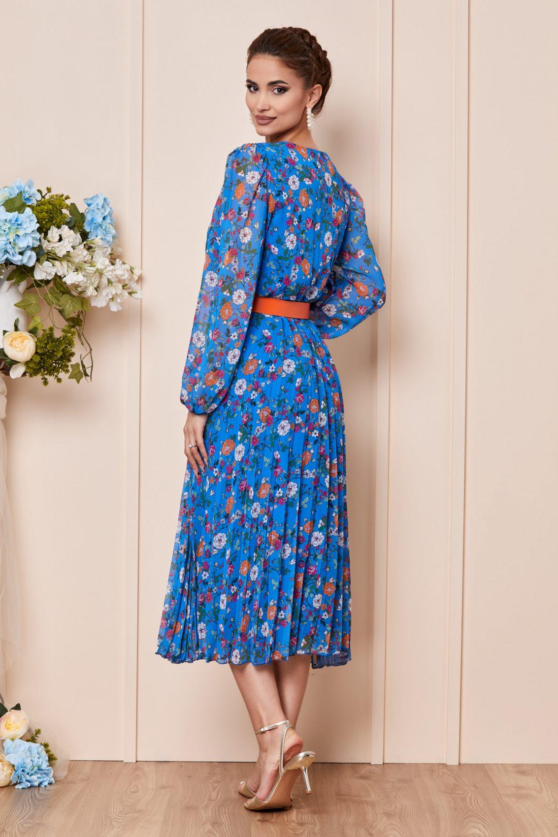 Μπλε Φλοράλ Μίντι Φόρεμα Από Μουσελίνα Ingrid T2934 2