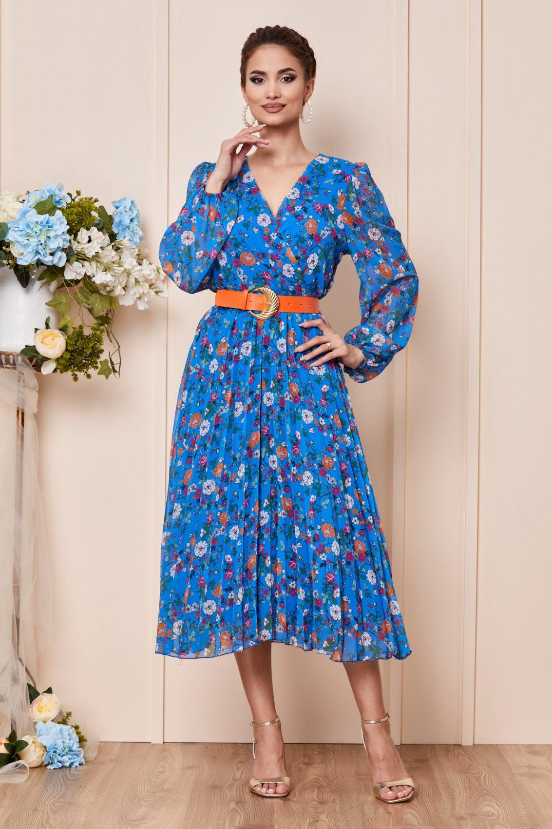 Μπλε Φλοράλ Μίντι Φόρεμα Από Μουσελίνα Ingrid T2934 1