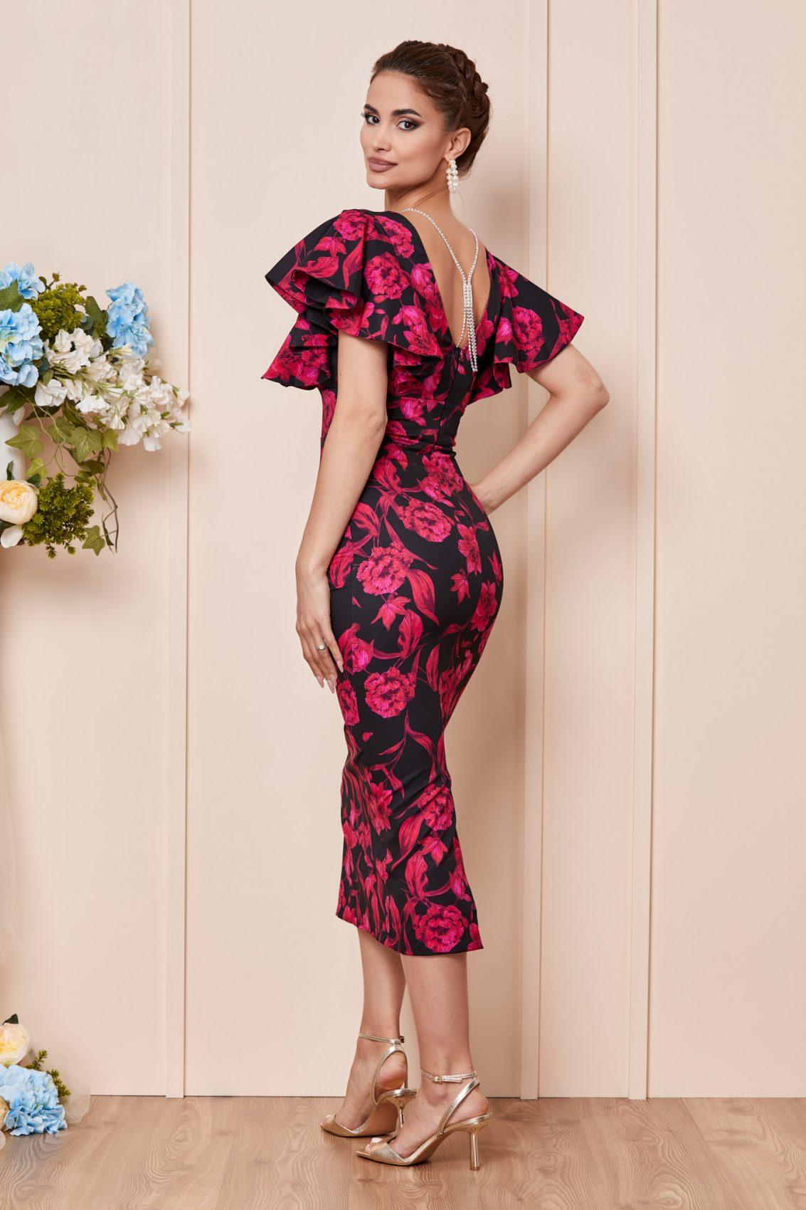 Φούξια Φλοράλ Μίντι Πένσιλ Βραδινό Φόρεμα Kasia T2864 2