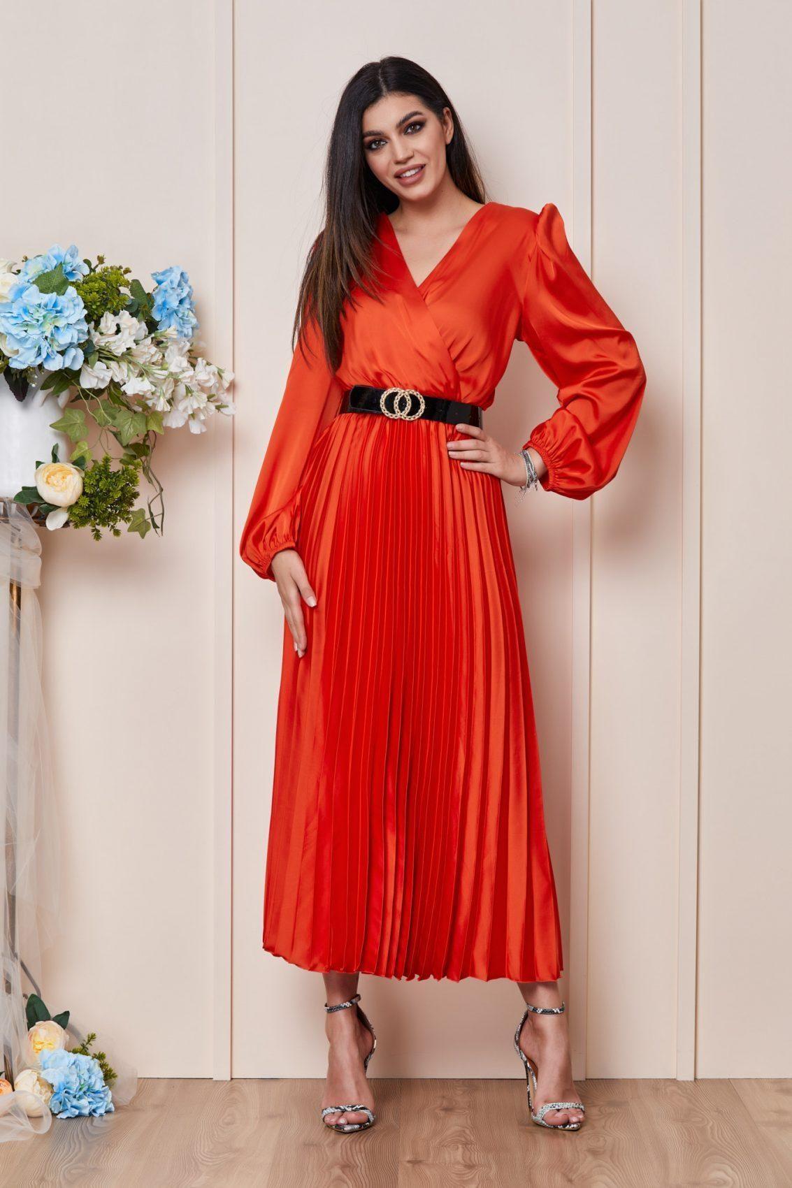 Πορτοκαλί Σατέν Βραδινό Φόρεμα Ylenia T3030 1