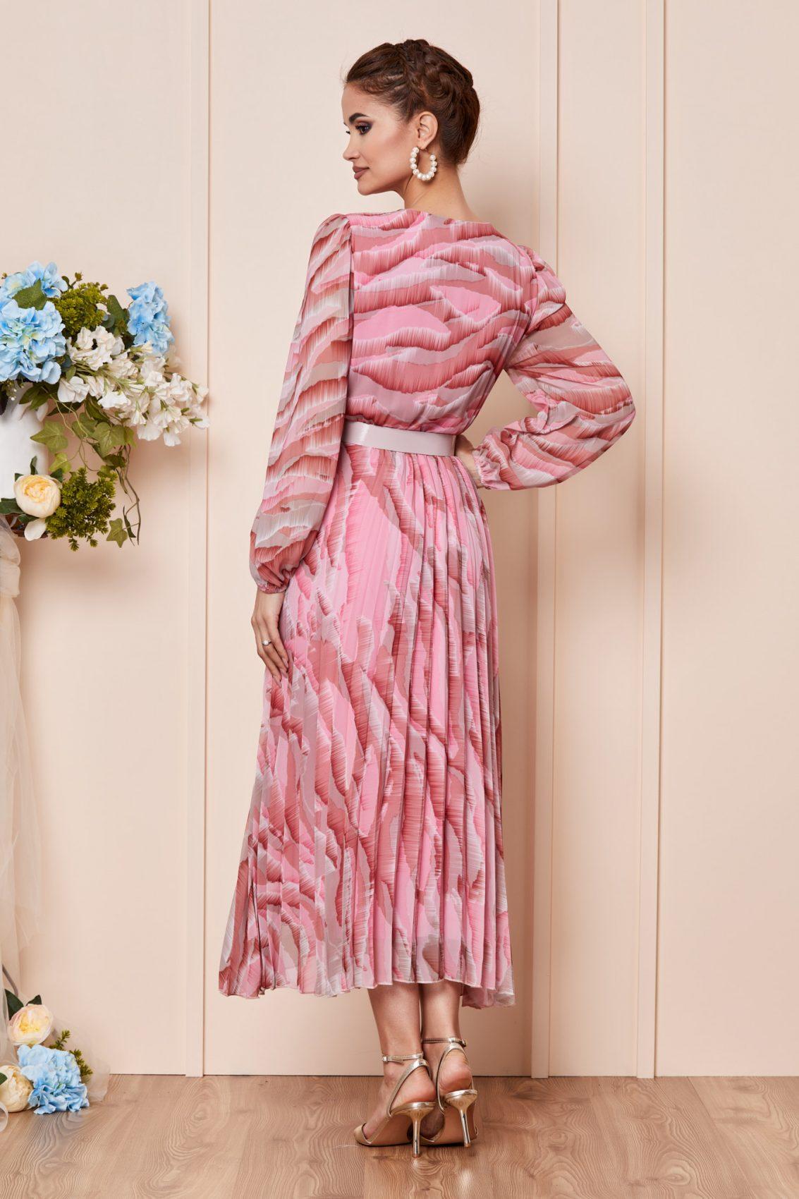 Ροζ Εμπριμέ Μίντι Φόρεμα Από Μουσελίνα Ingrid T2936 2