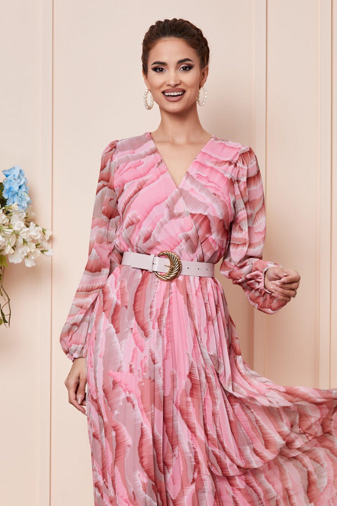 Ροζ Εμπριμέ Μίντι Φόρεμα Από Μουσελίνα Ingrid T2936 3