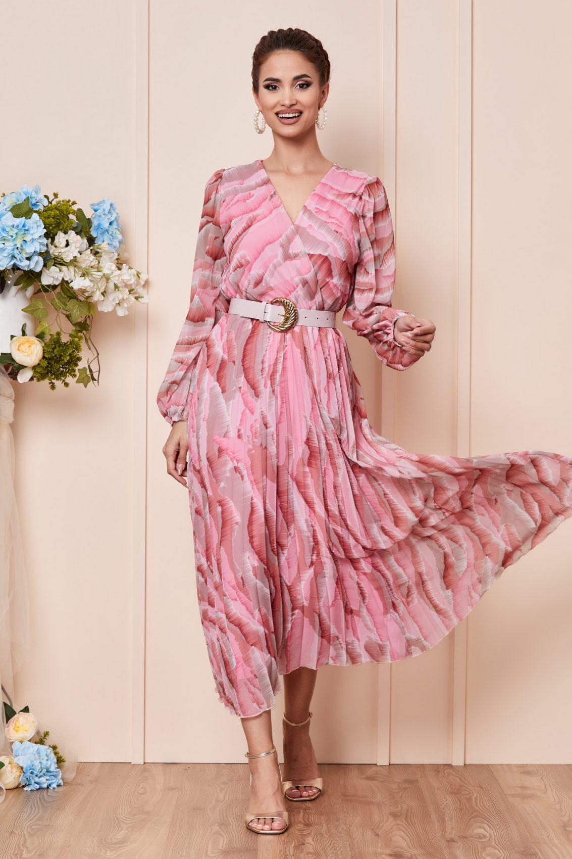 Ροζ Εμπριμέ Μίντι Φόρεμα Από Μουσελίνα Ingrid T2936 1