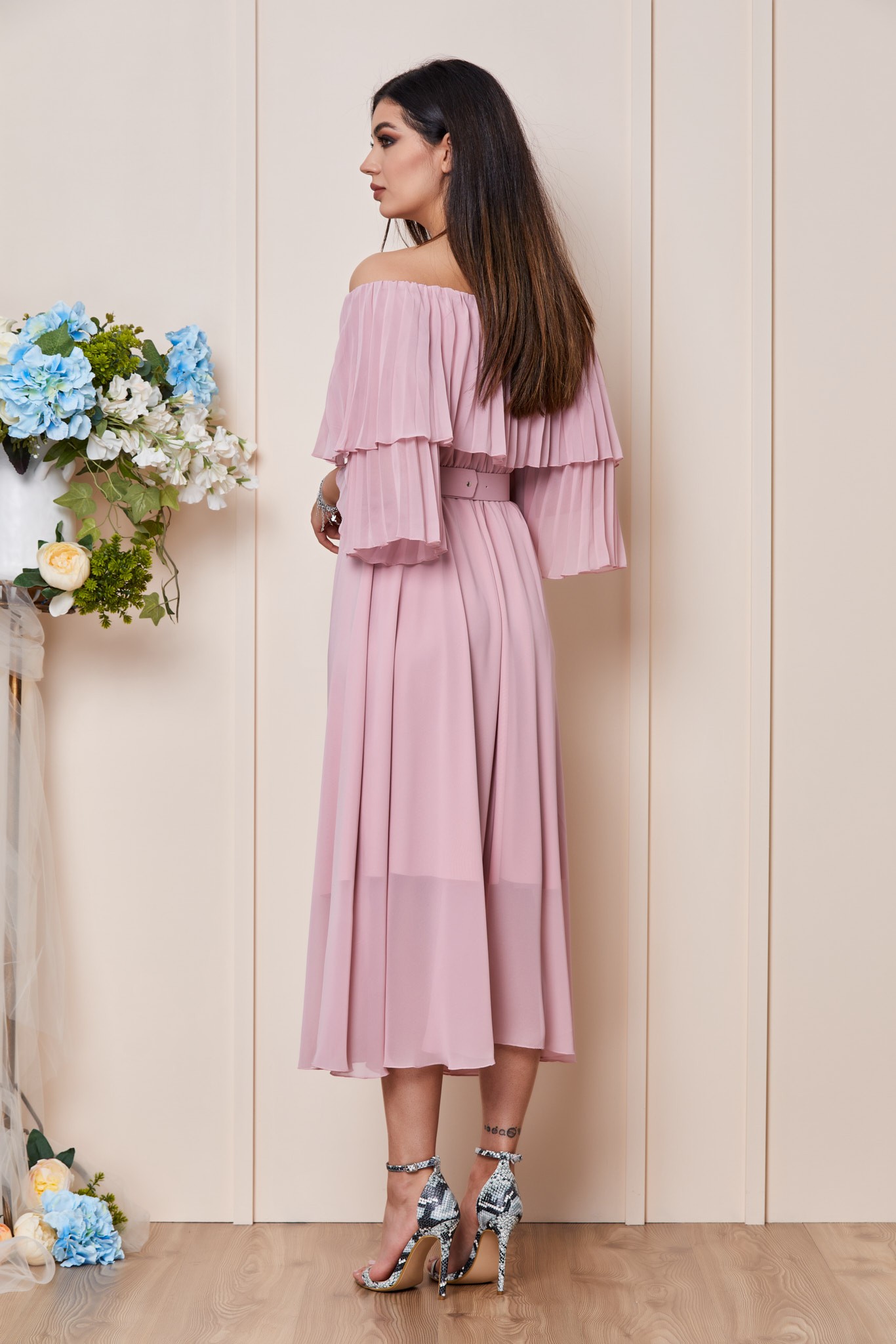 Ροζ Μίντι Βραδινό Φόρεμα Από Μουσελίνα Ava T3023 2