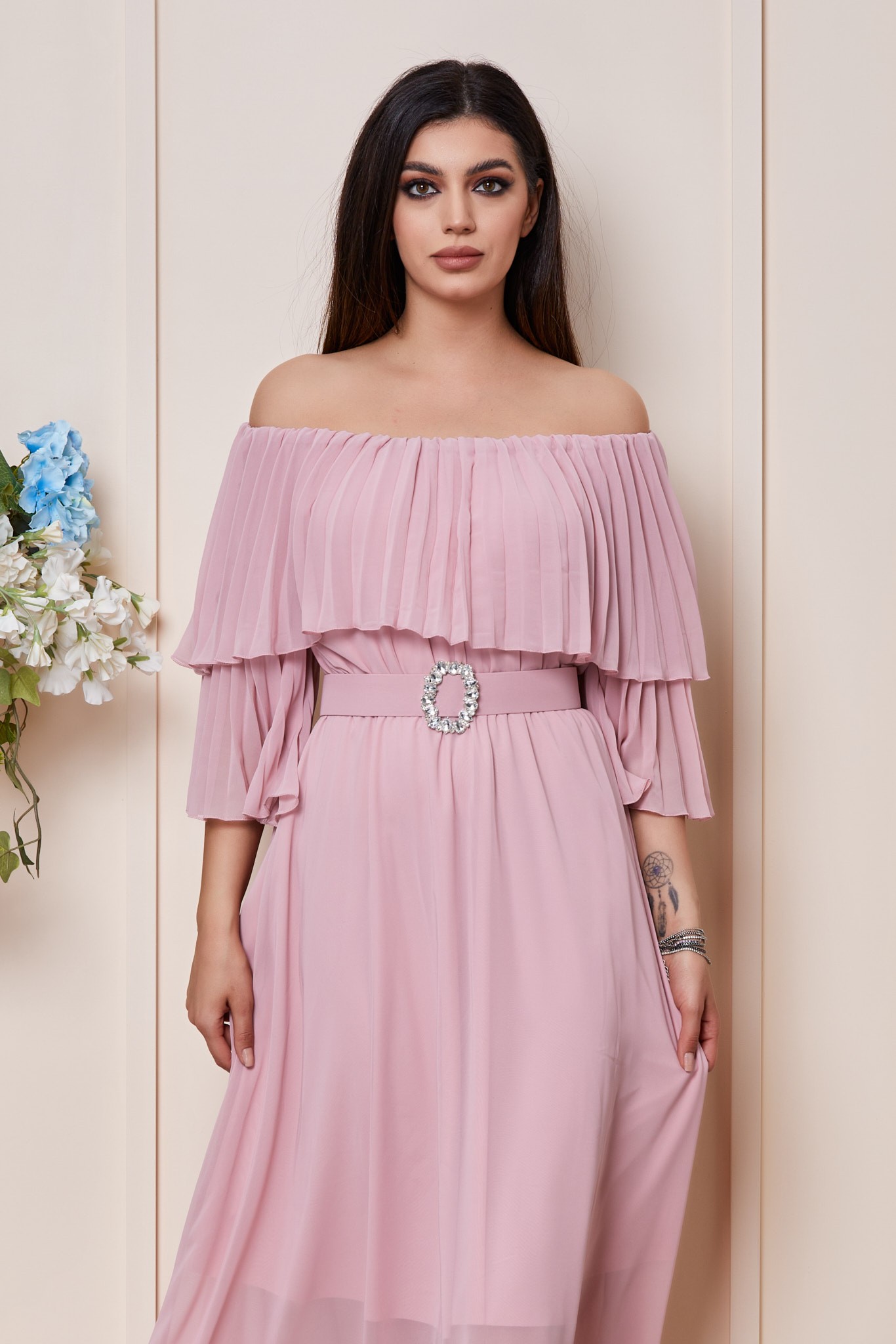 Ροζ Μίντι Βραδινό Φόρεμα Από Μουσελίνα Ava T3023 3