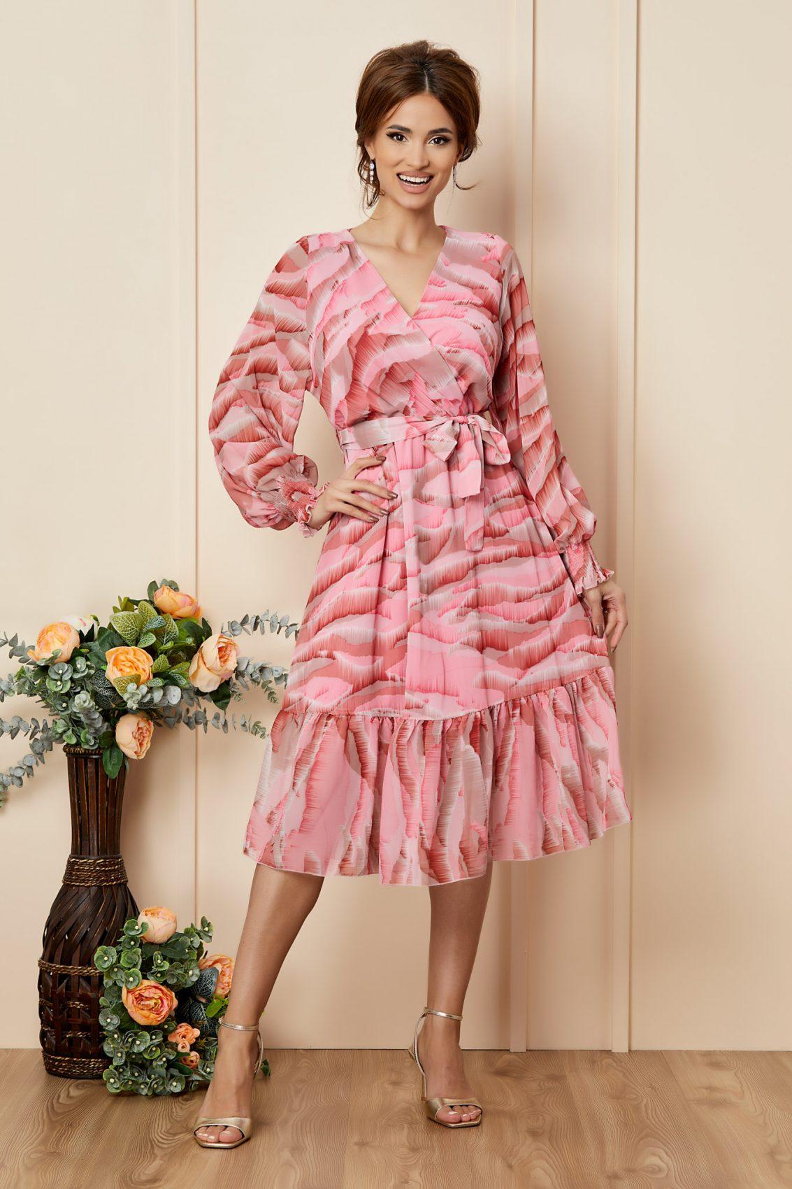 Ροζ Εμπριμέ Μίντι Καθημερινό Φόρεμα Soraya T2743 1