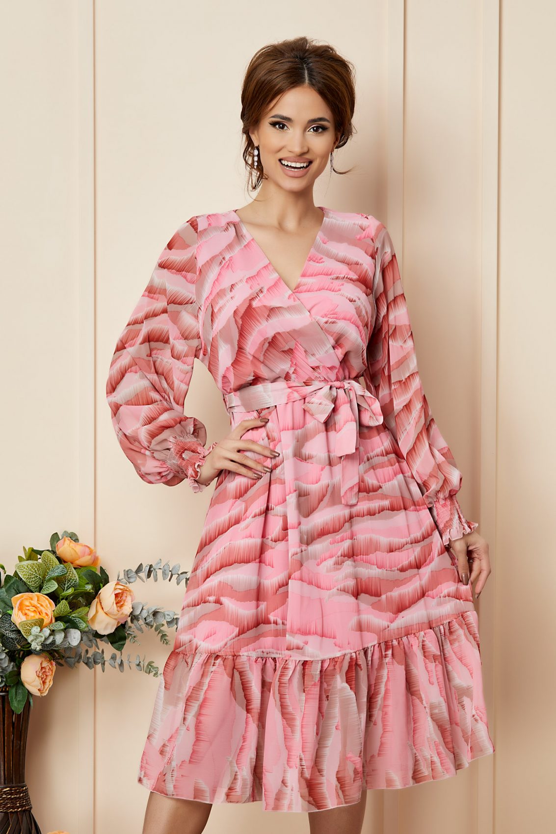 Ροζ Εμπριμέ Μίντι Καθημερινό Φόρεμα Soraya T2743 3
