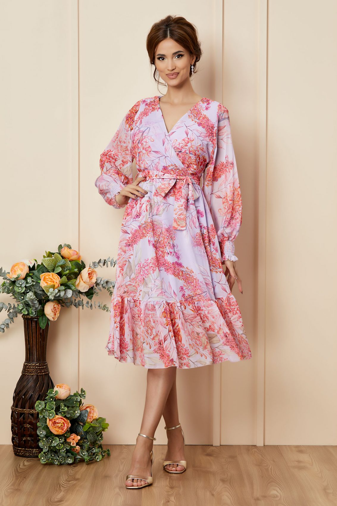 Λιλά Εμπριμέ Μίντι Καθημερινό Φόρεμα Soraya T2746 1