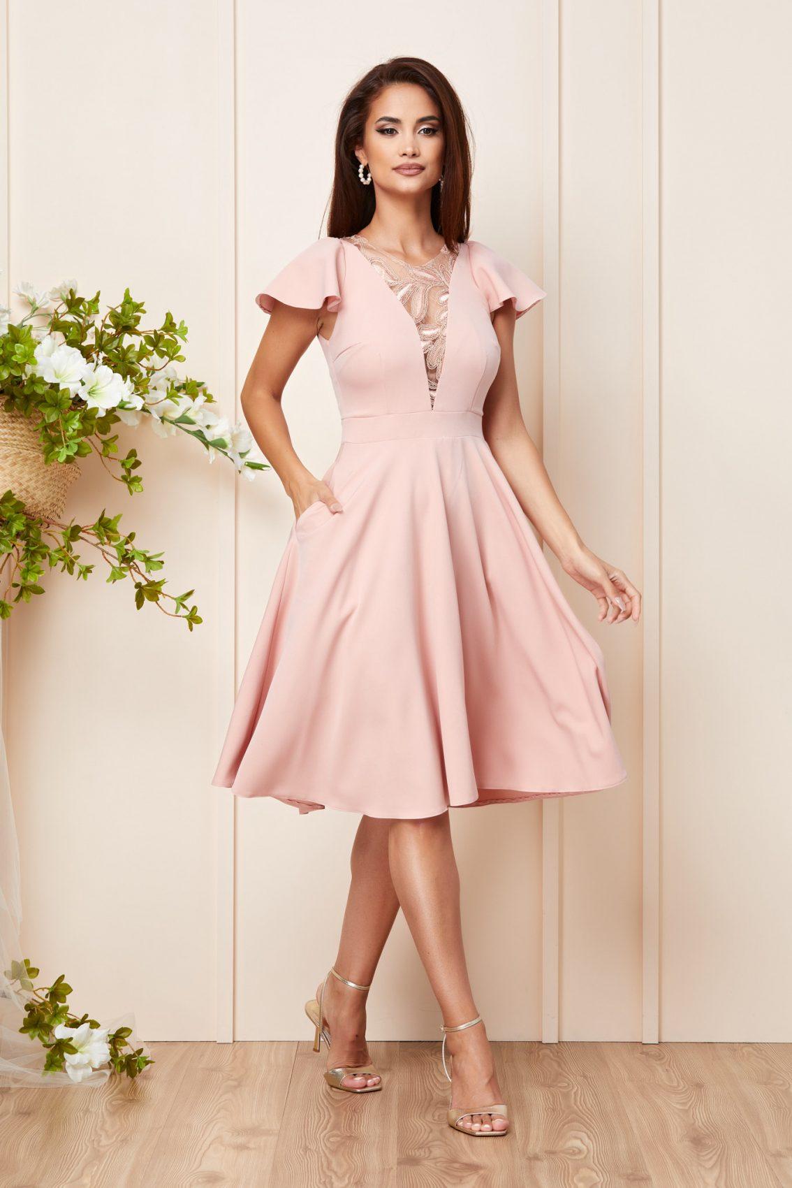 Ροζ Μίντι Βραδινό Φόρεμα Με Δαντέλα Mellora T3118 1