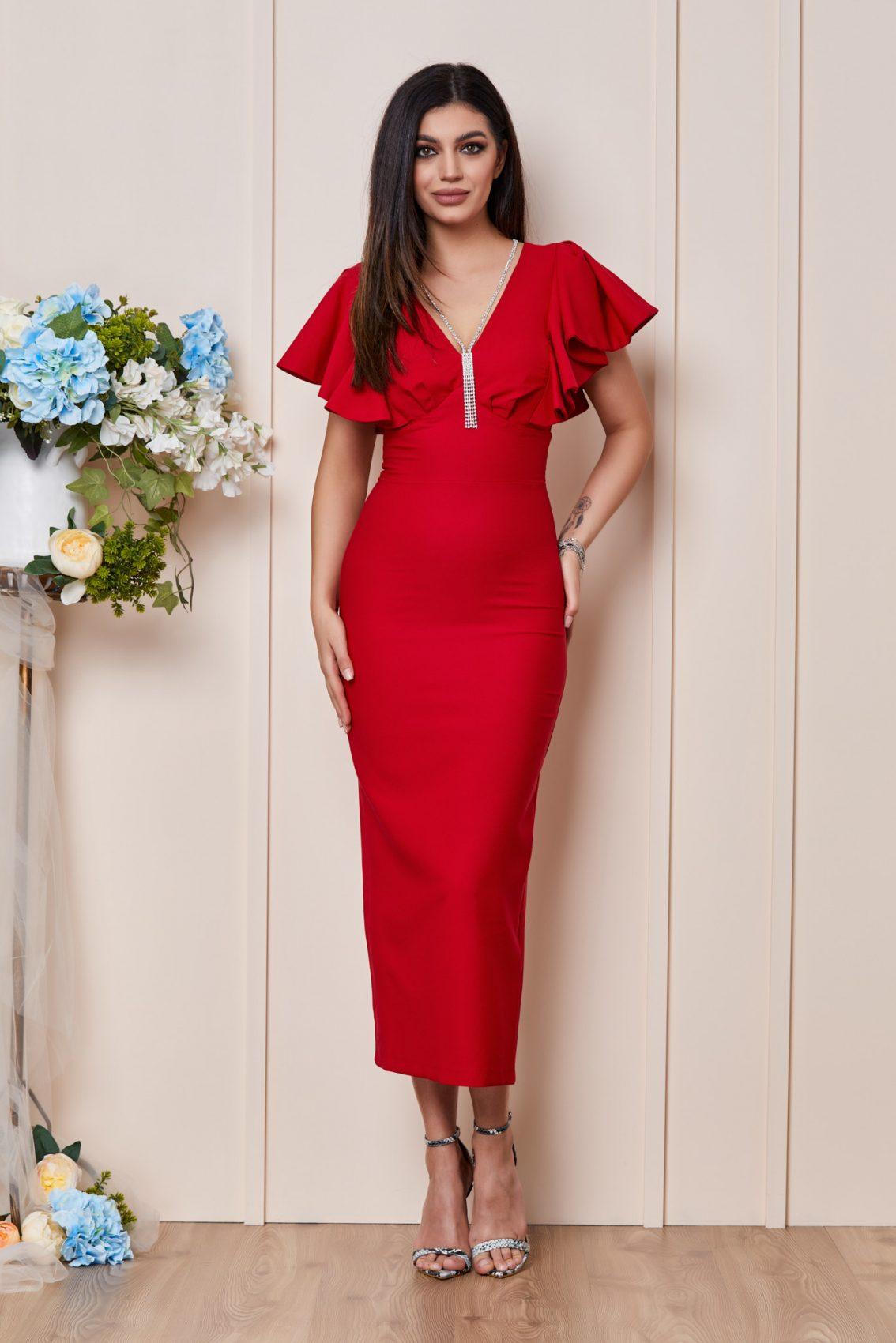 Κόκκινο Μίντι Πένσιλ Βραδινό Φόρεμα Kasia T3006 1