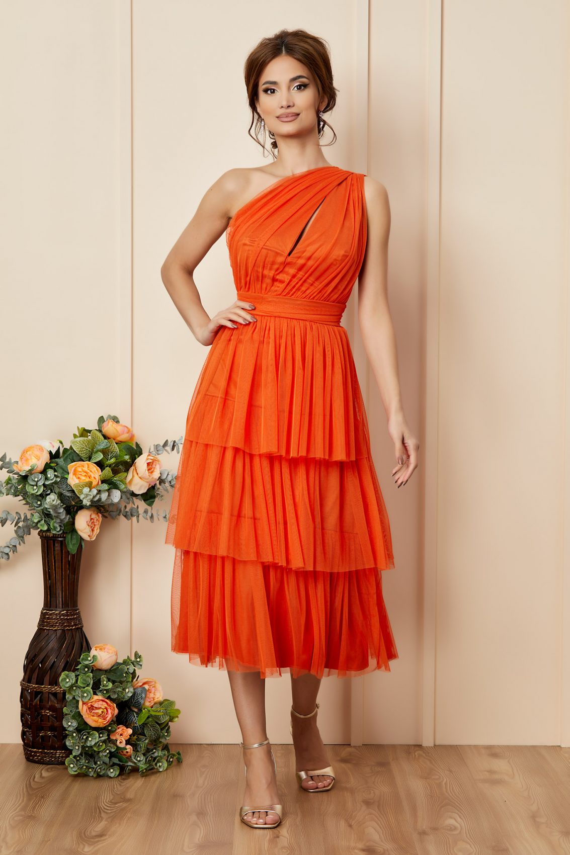 Πορτοκαλί Μίντι Αμπιγιέ Φόρεμα Με Βολάν Nirvana T2696 1