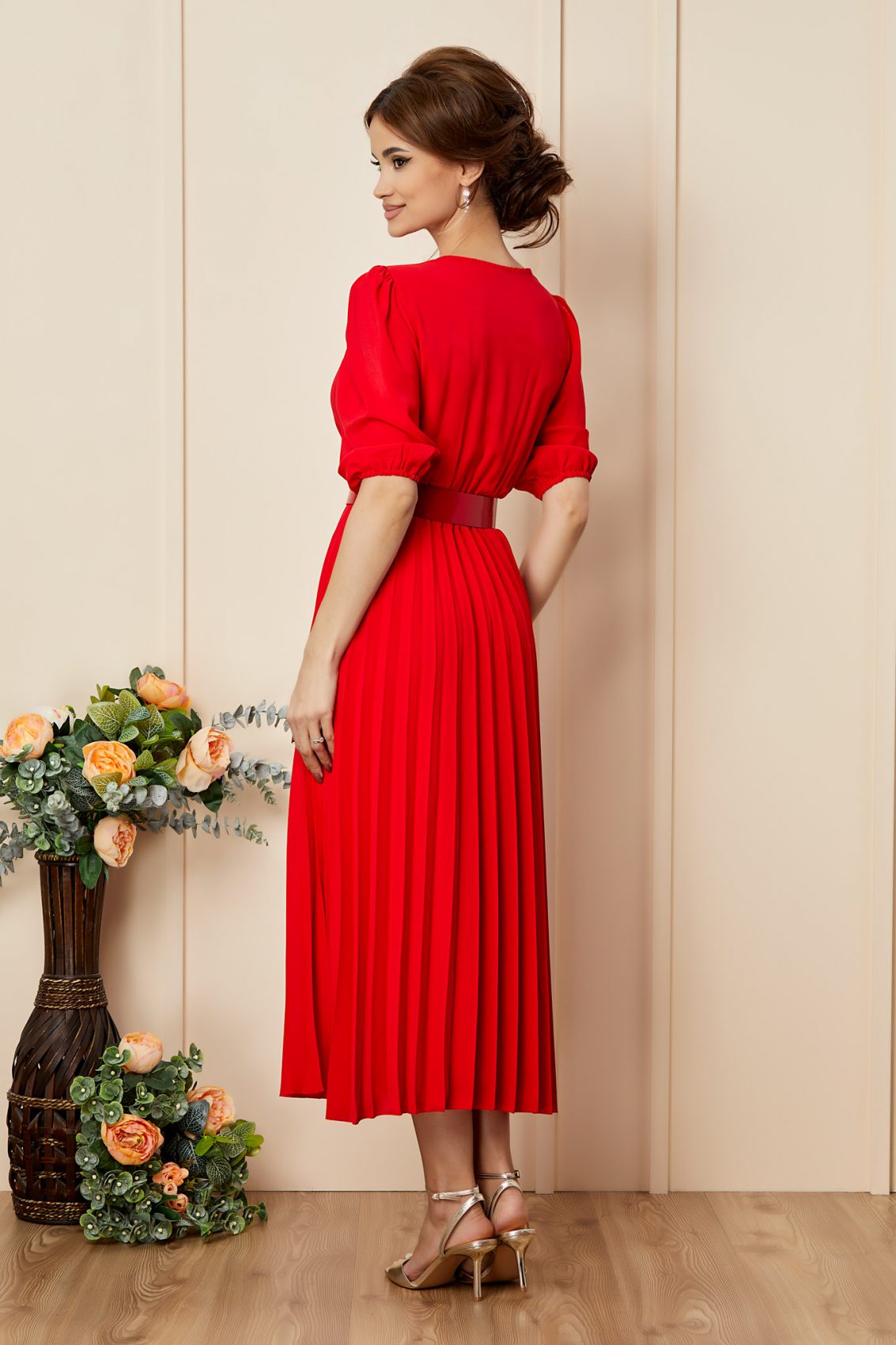Κόκκινο Μίντι Κρουαζέ Βραδινό Φόρεμα Larra T2725 2