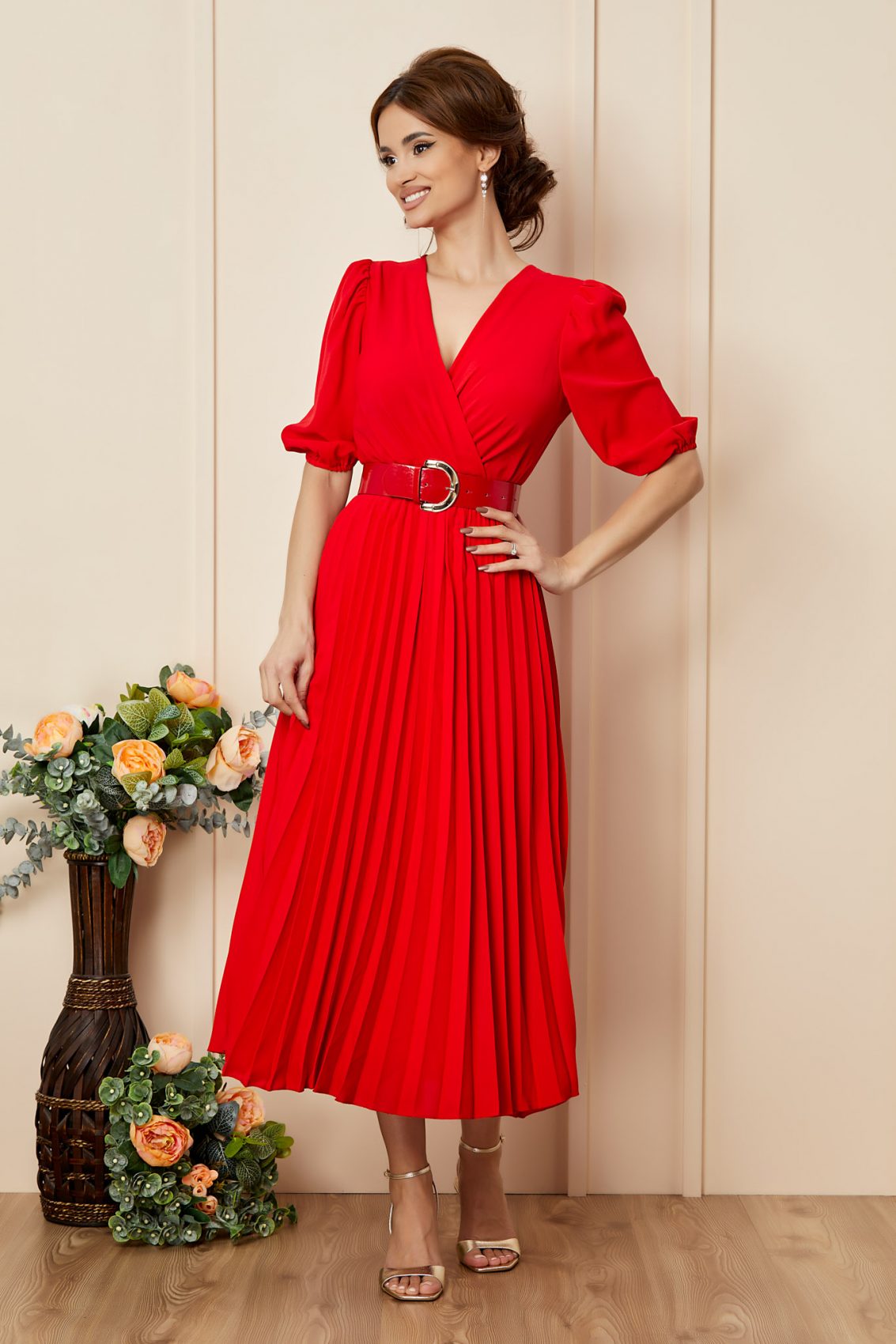 Κόκκινο Μίντι Κρουαζέ Βραδινό Φόρεμα Larra T2725 1